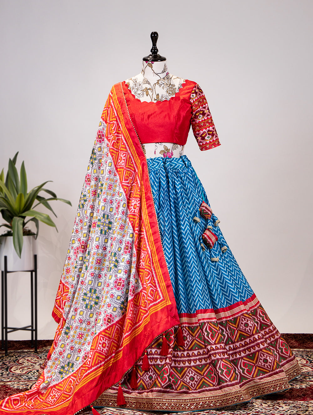 Chinon Patola Print Blue Lehenga with Dupatta Set