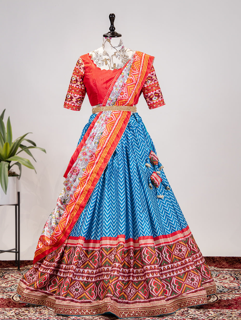 Chinon Patola Print Blue Lehenga with Dupatta Set
