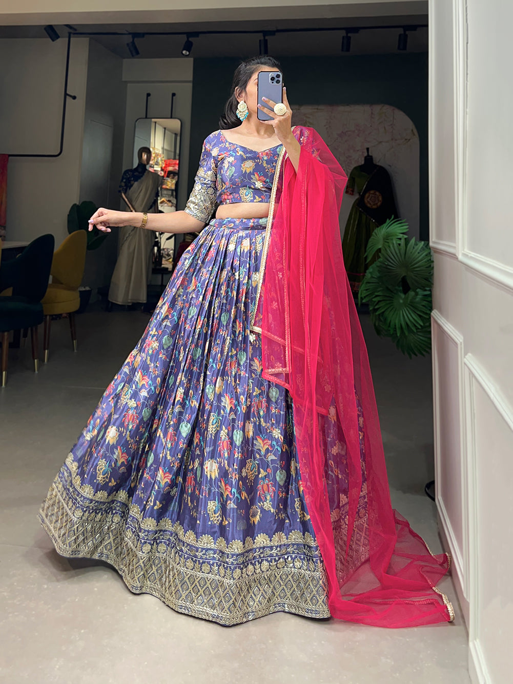 Lavender Chinon Lehenga Set with Embroidery Net Dupatta