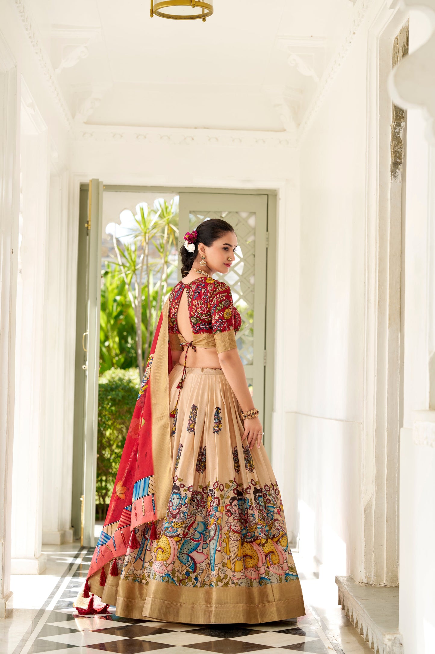 Cream Dola Silk Kalamkari Lehenga Set with Dupatta & Blouse