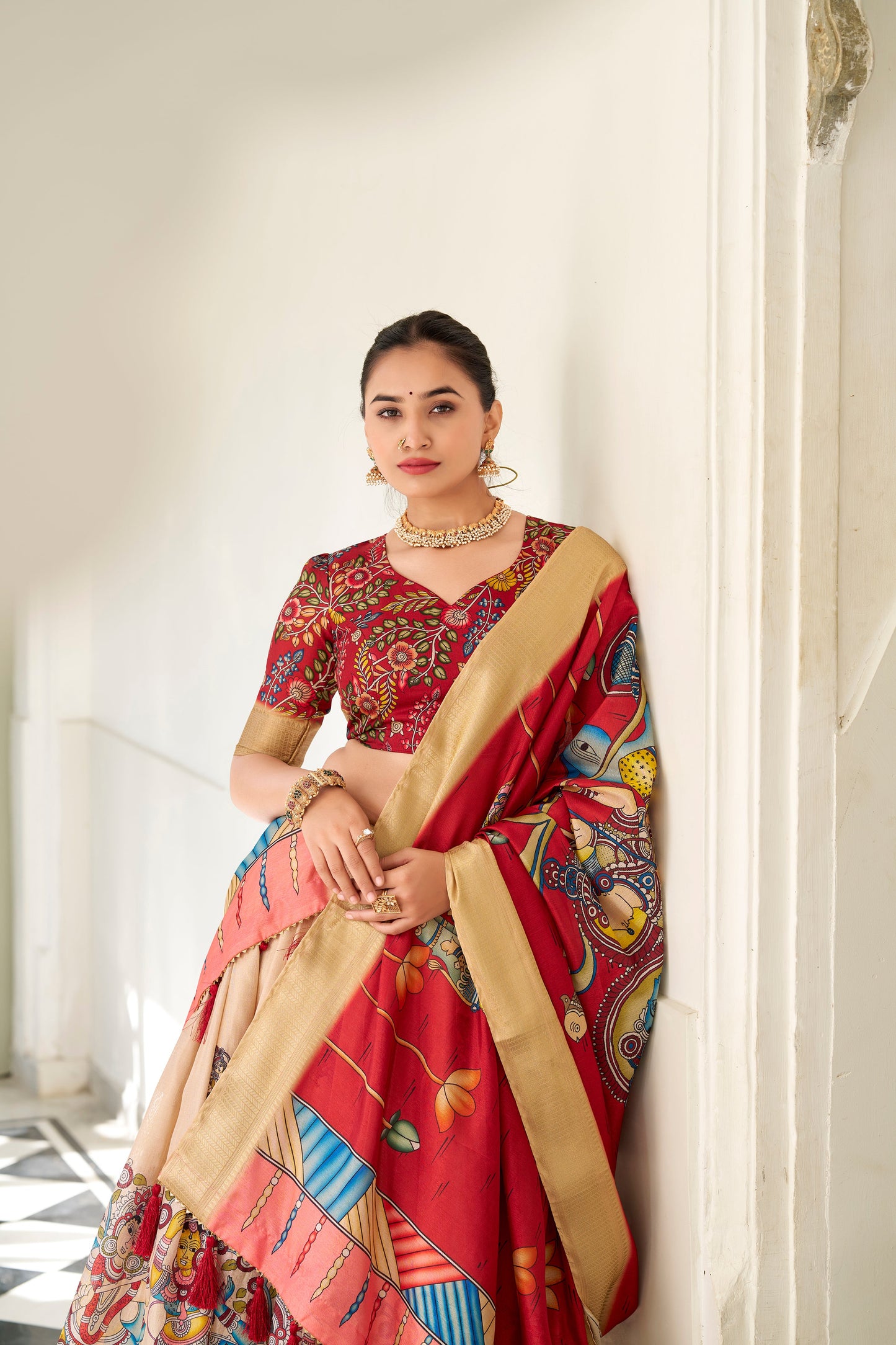 Cream Dola Silk Kalamkari Lehenga Set with Dupatta & Blouse