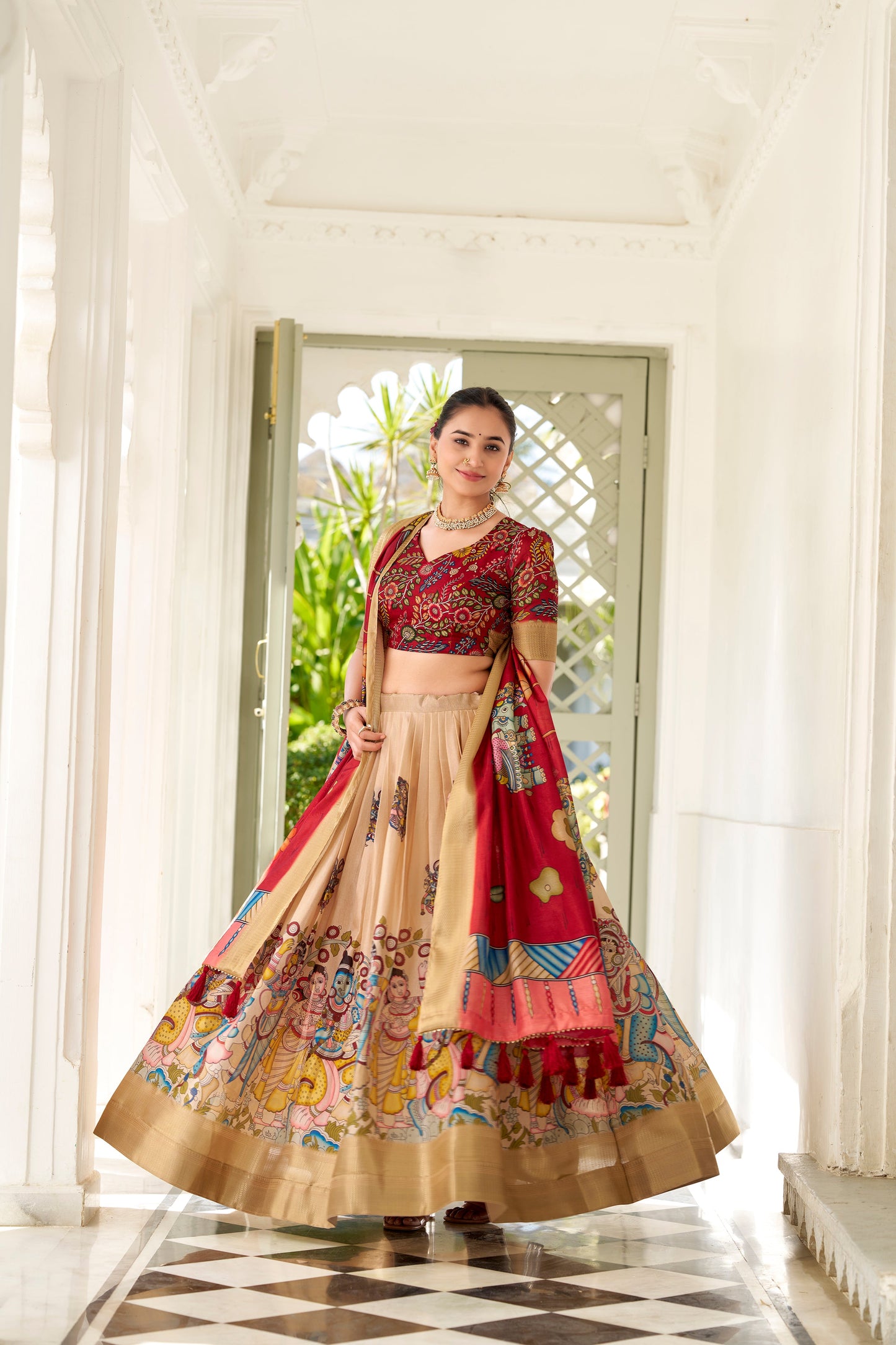 Cream Dola Silk Kalamkari Lehenga Set with Dupatta & Blouse