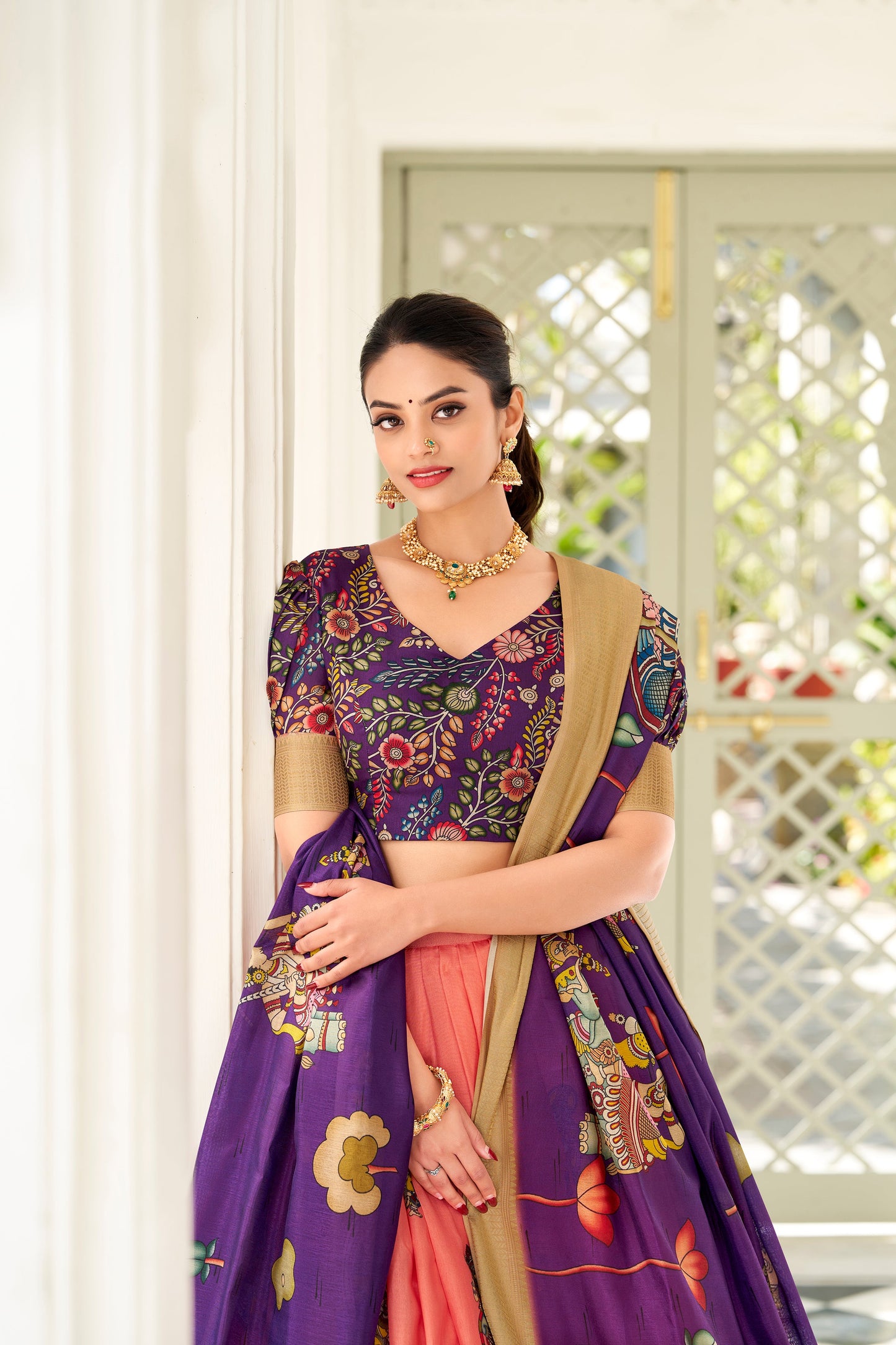 Peach Color Dola Silk Kalamkari Lehenga Set with Dupatta & Blouse