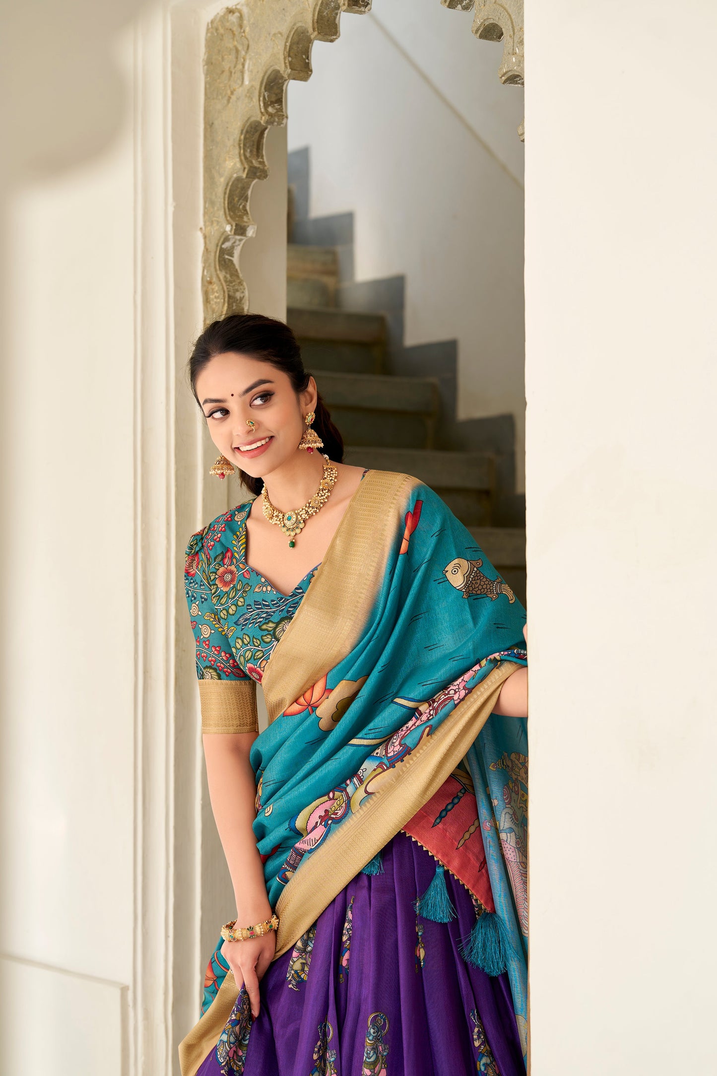 Purple Color Dola Silk Kalamkari Lehenga Set with Dupatta & Blouse