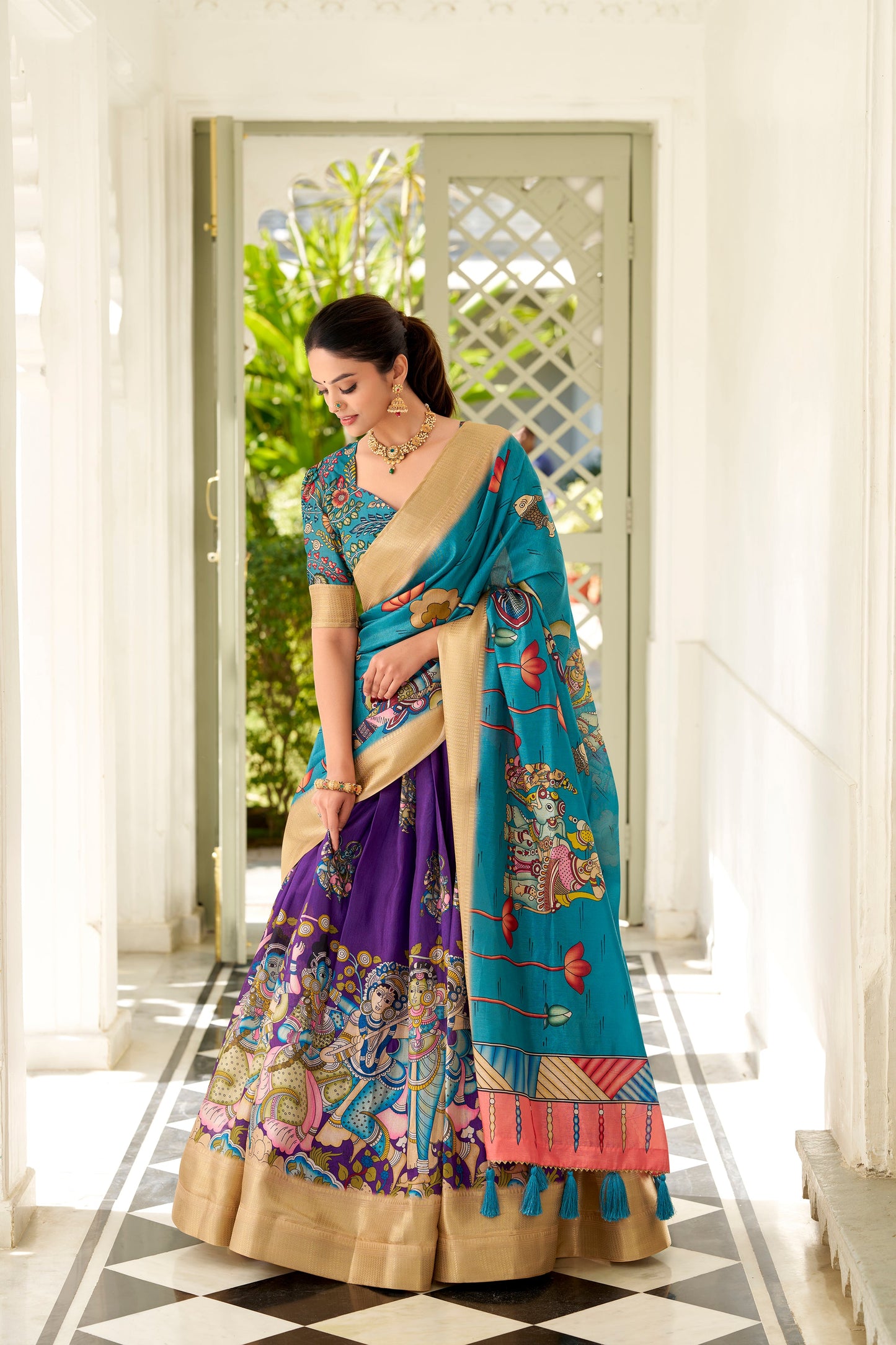 Purple Color Dola Silk Kalamkari Lehenga Set with Dupatta & Blouse