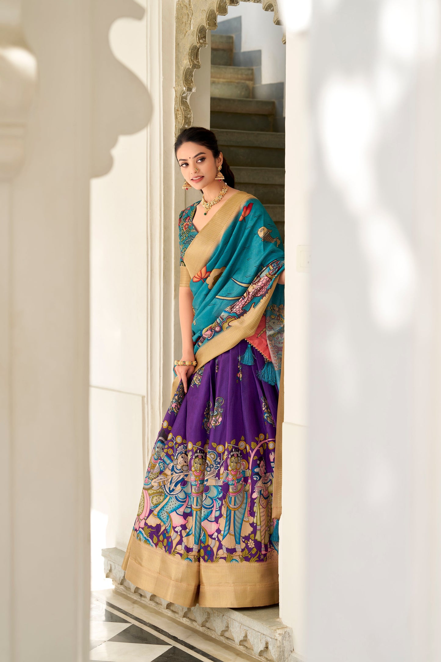 Purple Color Dola Silk Kalamkari Lehenga Set with Dupatta & Blouse