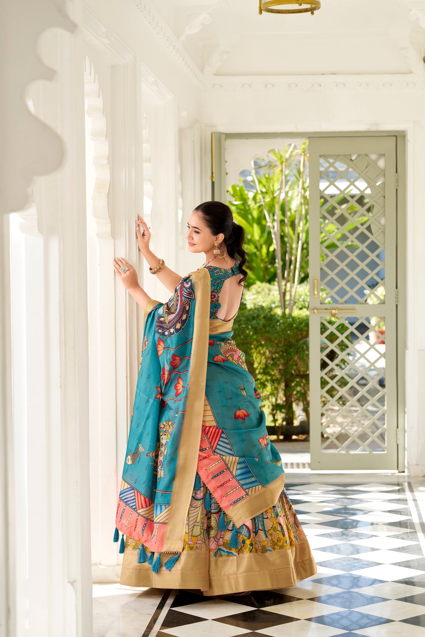 Yellow Color Dola Silk Kalamkari Lehenga Set with Dupatta & Blouse