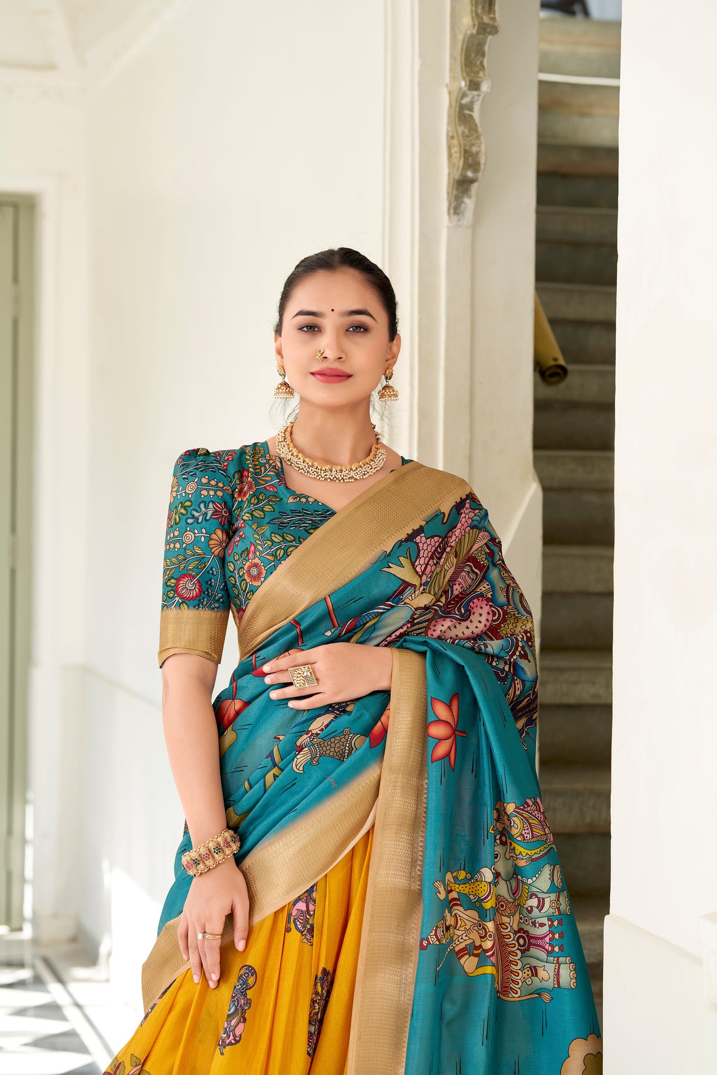 Yellow Color Dola Silk Kalamkari Lehenga Set with Dupatta & Blouse