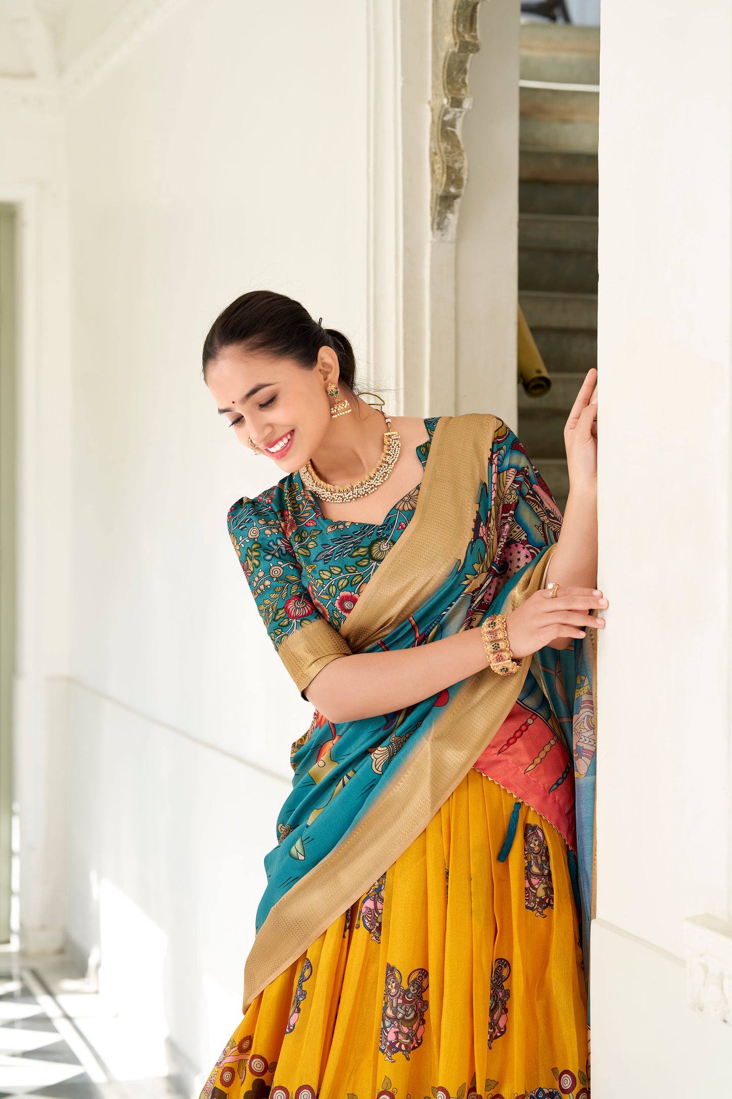 Yellow Color Dola Silk Kalamkari Lehenga Set with Dupatta & Blouse