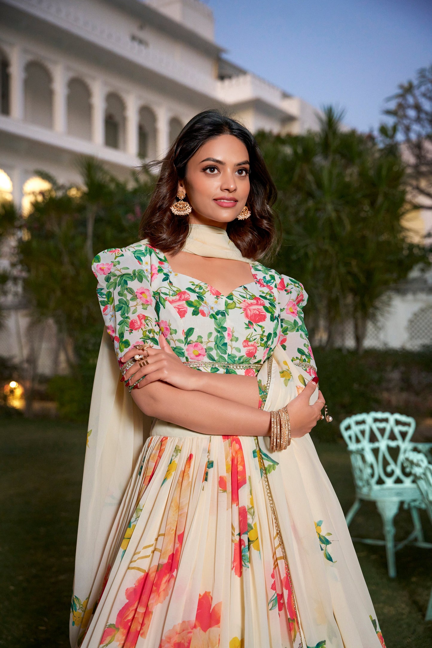 Amazing Cream Color Georgette Floral Print Party Wear Lehenga Choli