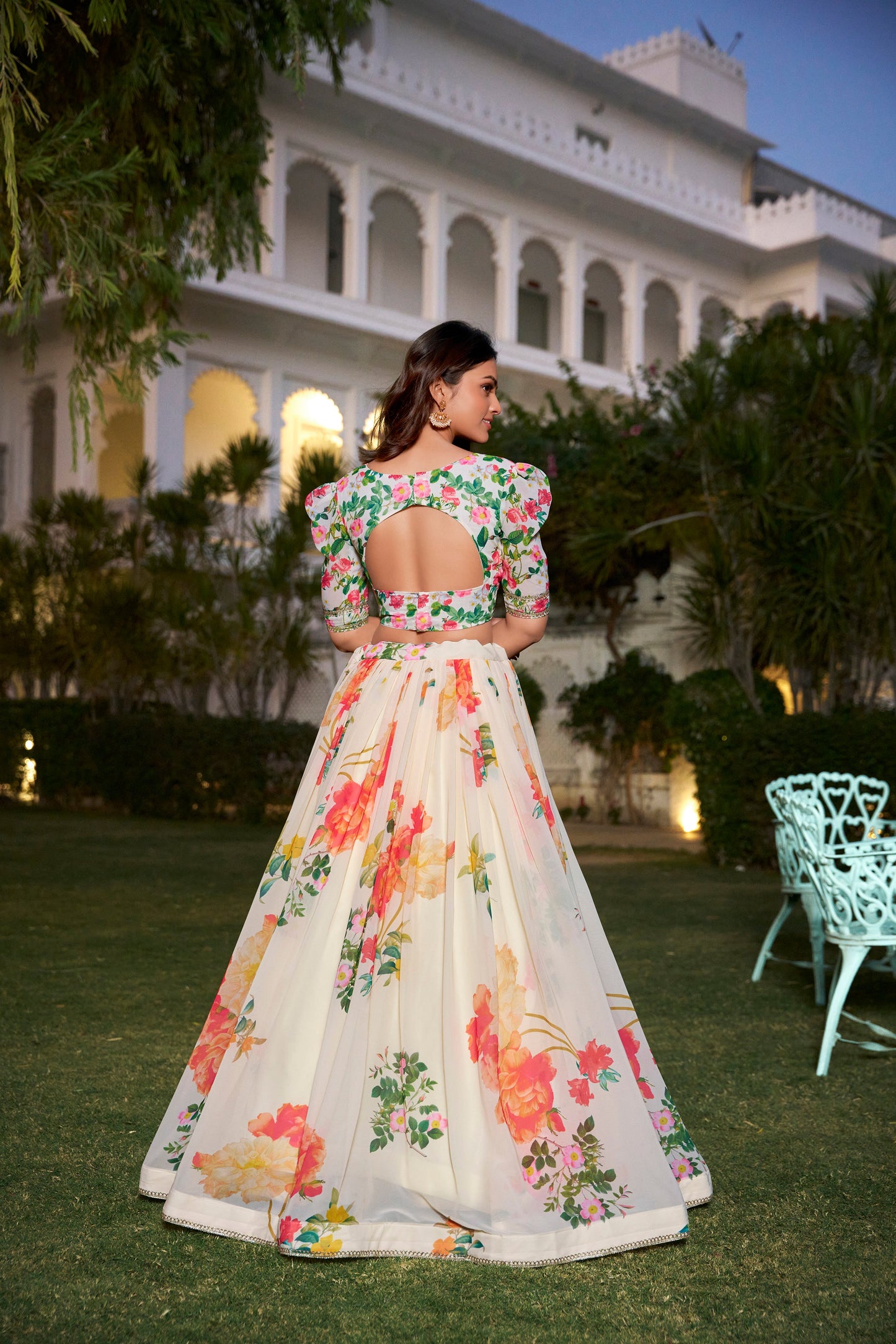 Amazing Cream Color Georgette Floral Print Party Wear Lehenga Choli