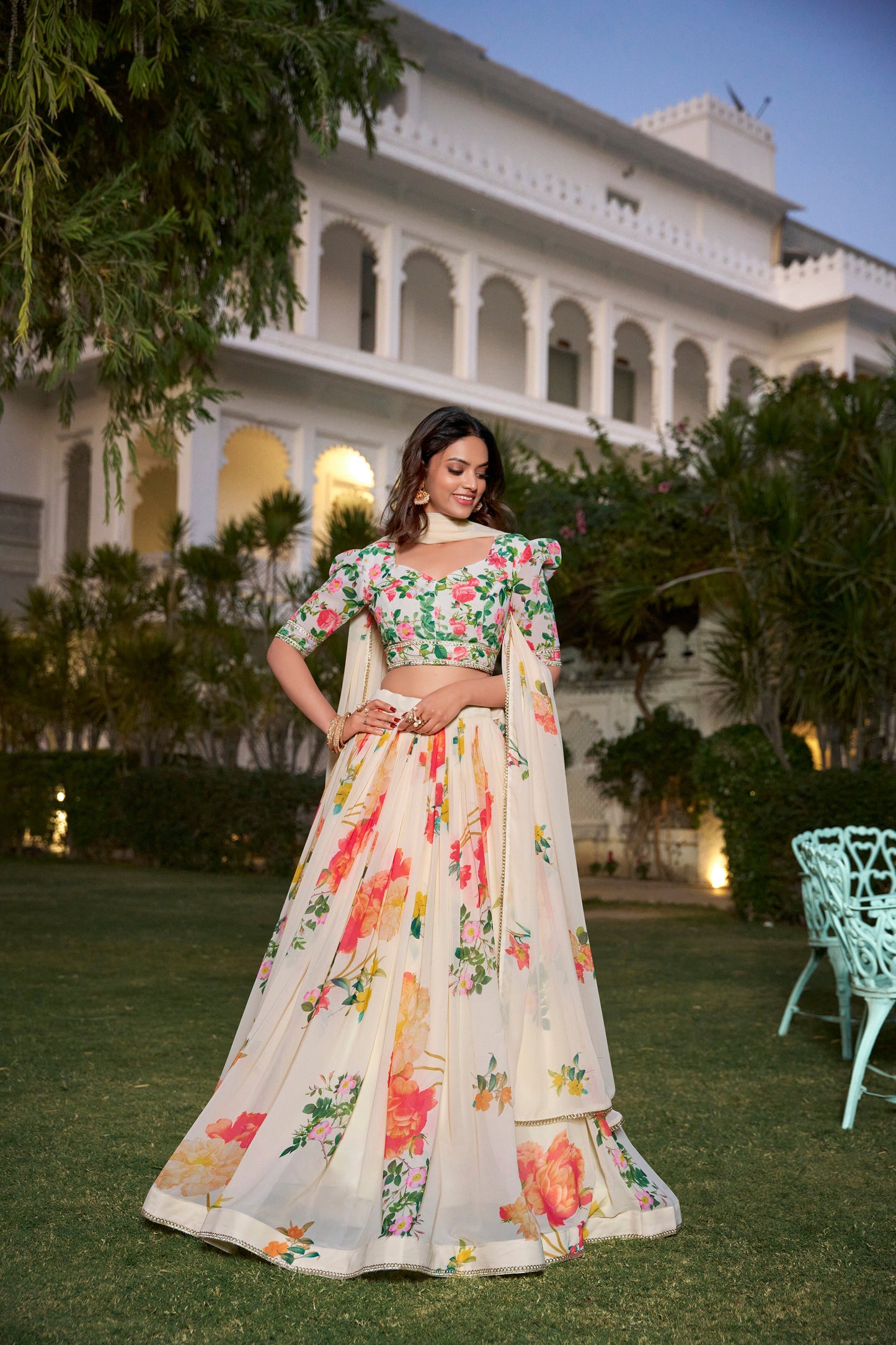 Amazing Cream Color Georgette Floral Print Party Wear Lehenga Choli