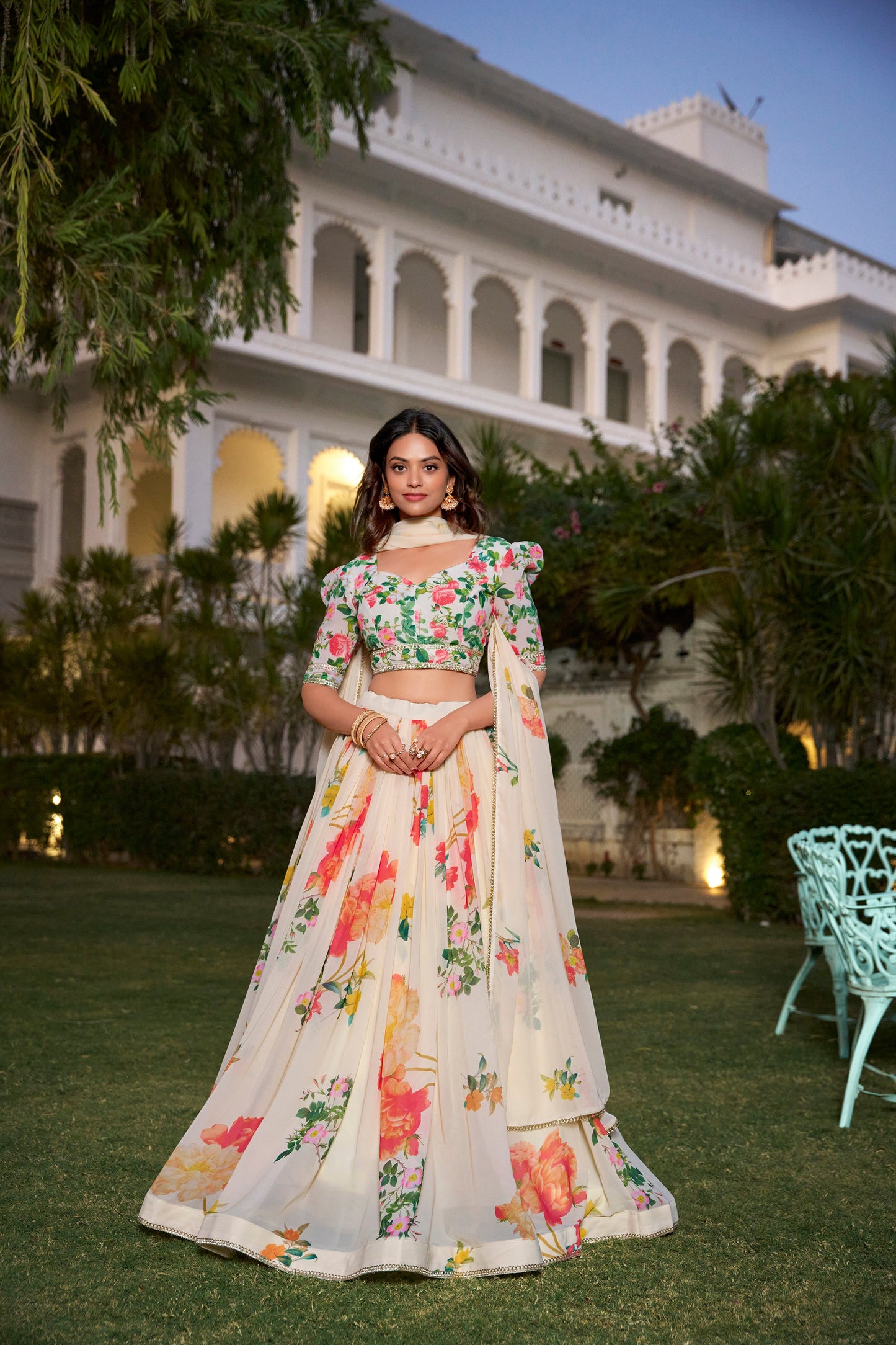 Amazing Cream Color Georgette Floral Print Party Wear Lehenga Choli