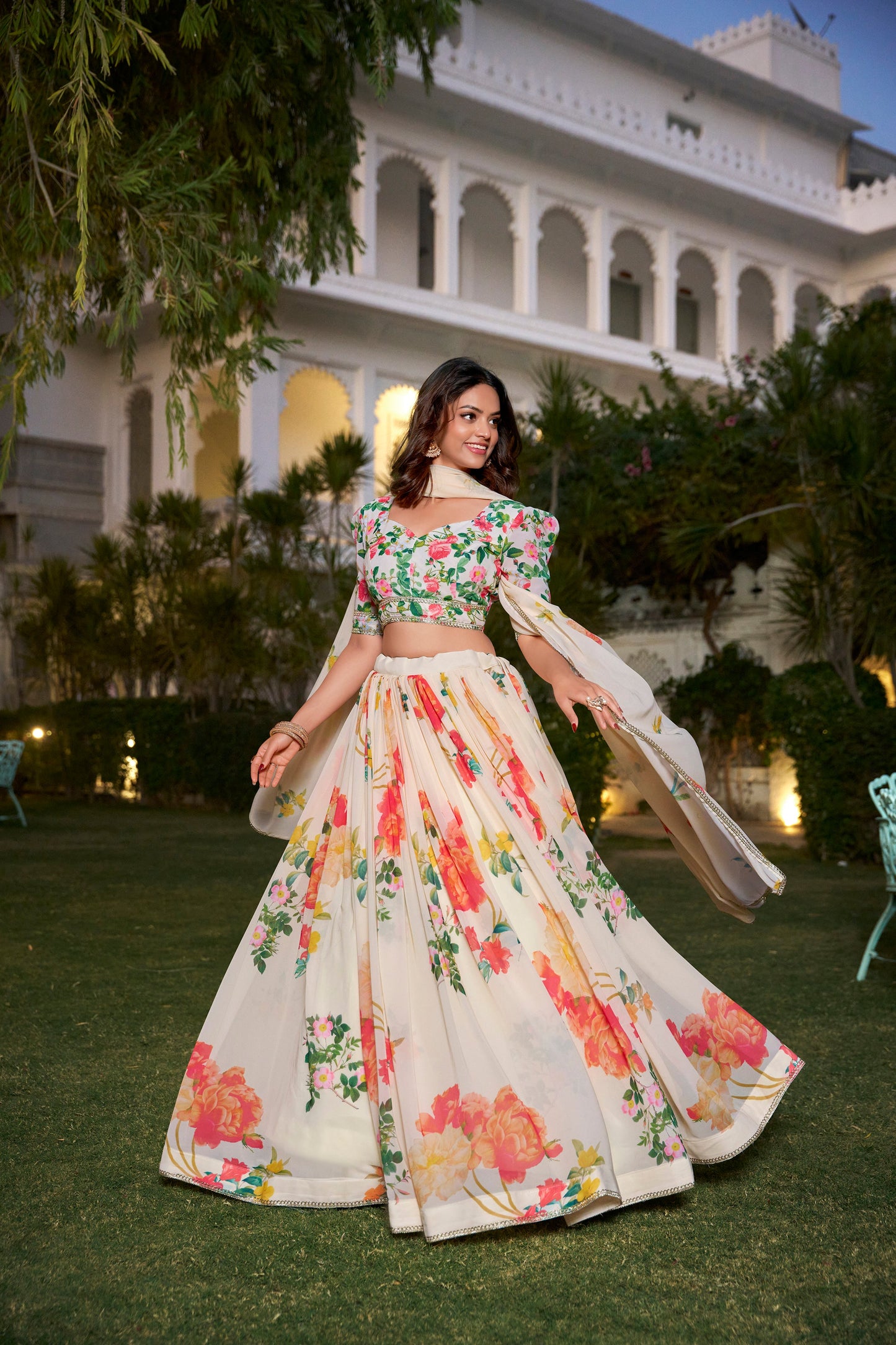 Amazing Cream Color Georgette Floral Print Party Wear Lehenga Choli