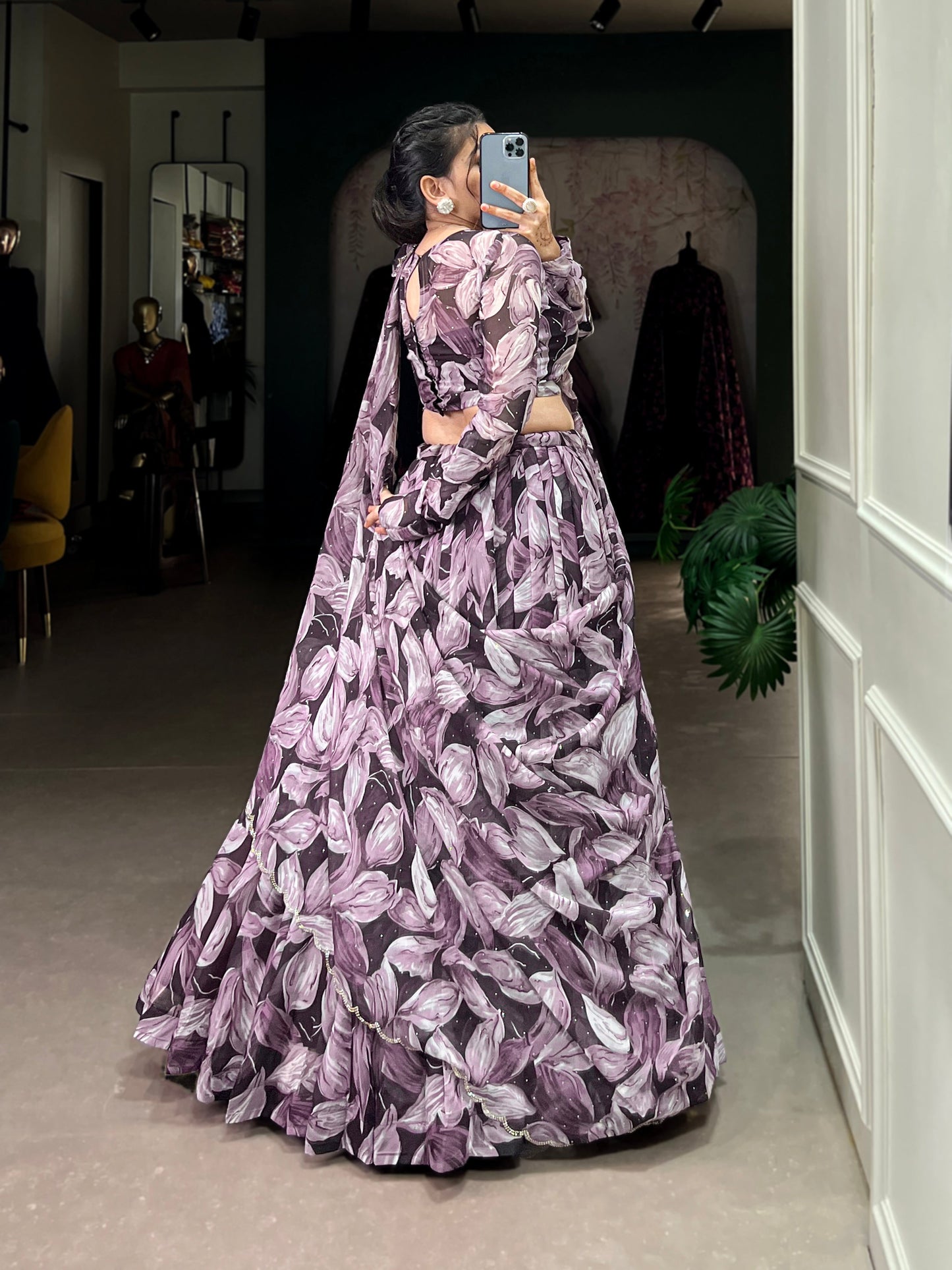Beautiful Coffe Color Tabby Silk Printed Party Wear Lehenga Choli