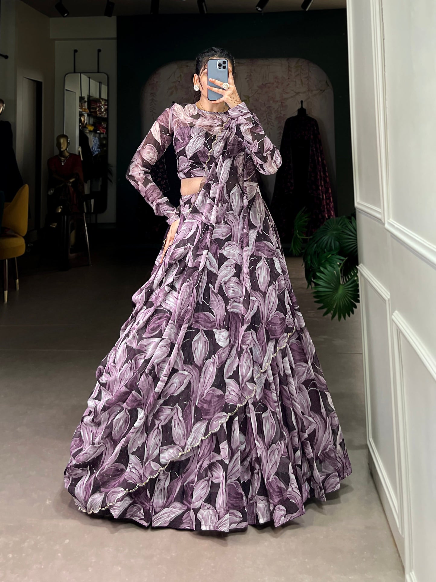 Beautiful Coffe Color Tabby Silk Printed Party Wear Lehenga Choli