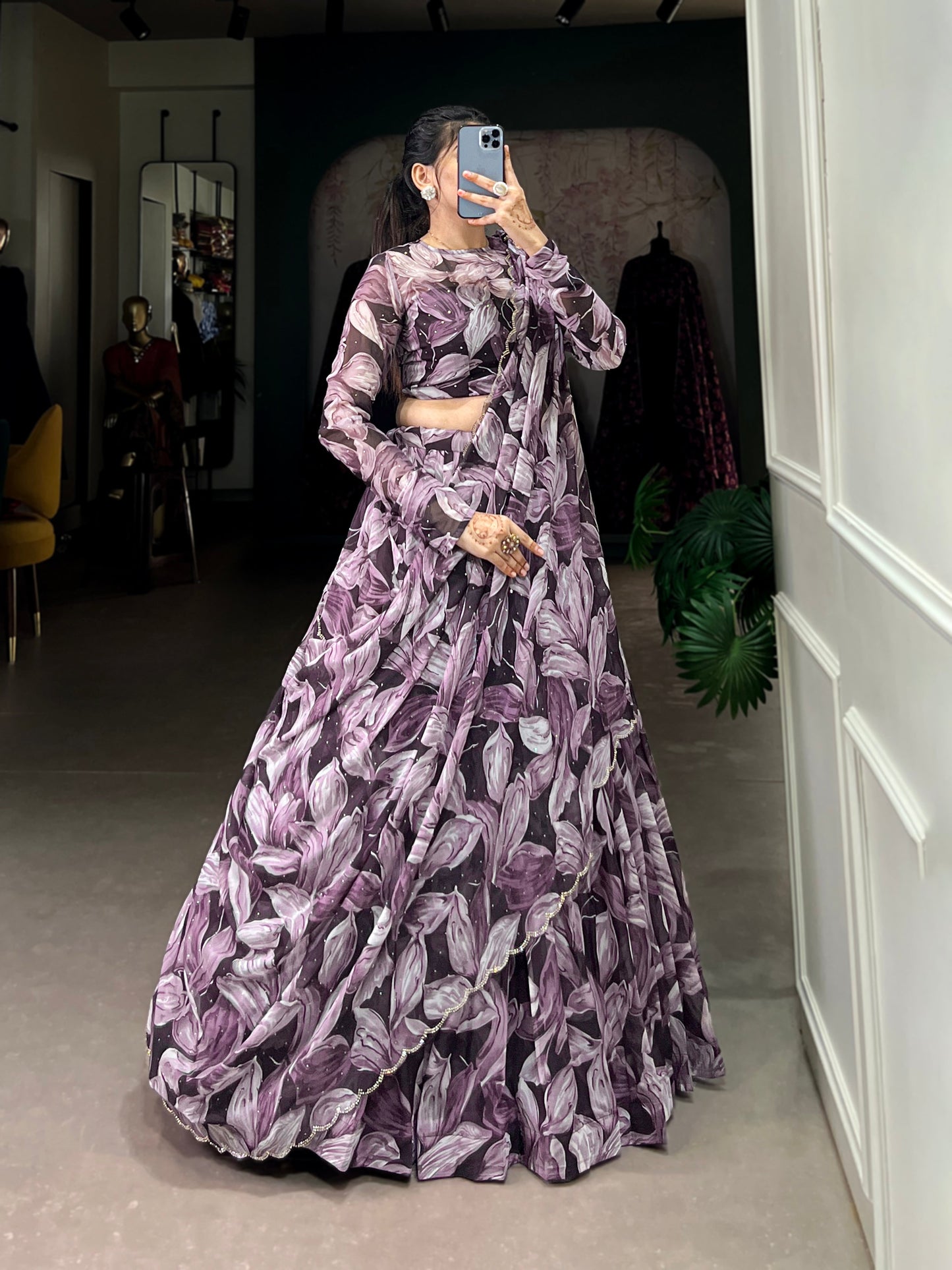Beautiful Coffe Color Tabby Silk Printed Party Wear Lehenga Choli