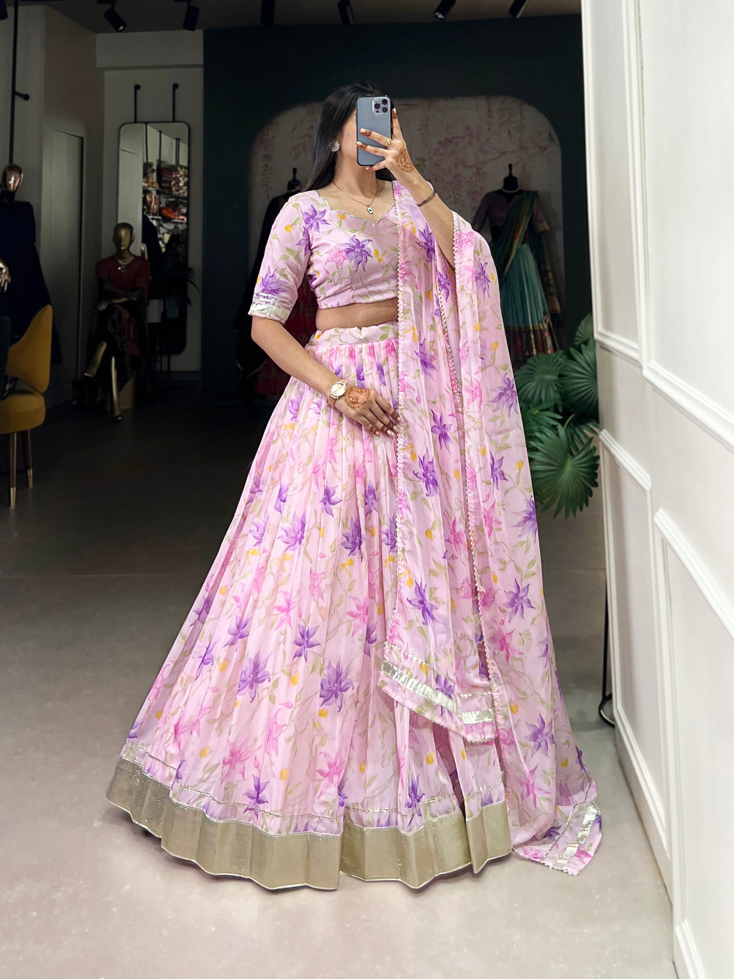 New Tabby Silk Floral Print Lehenga Choli (Pink)