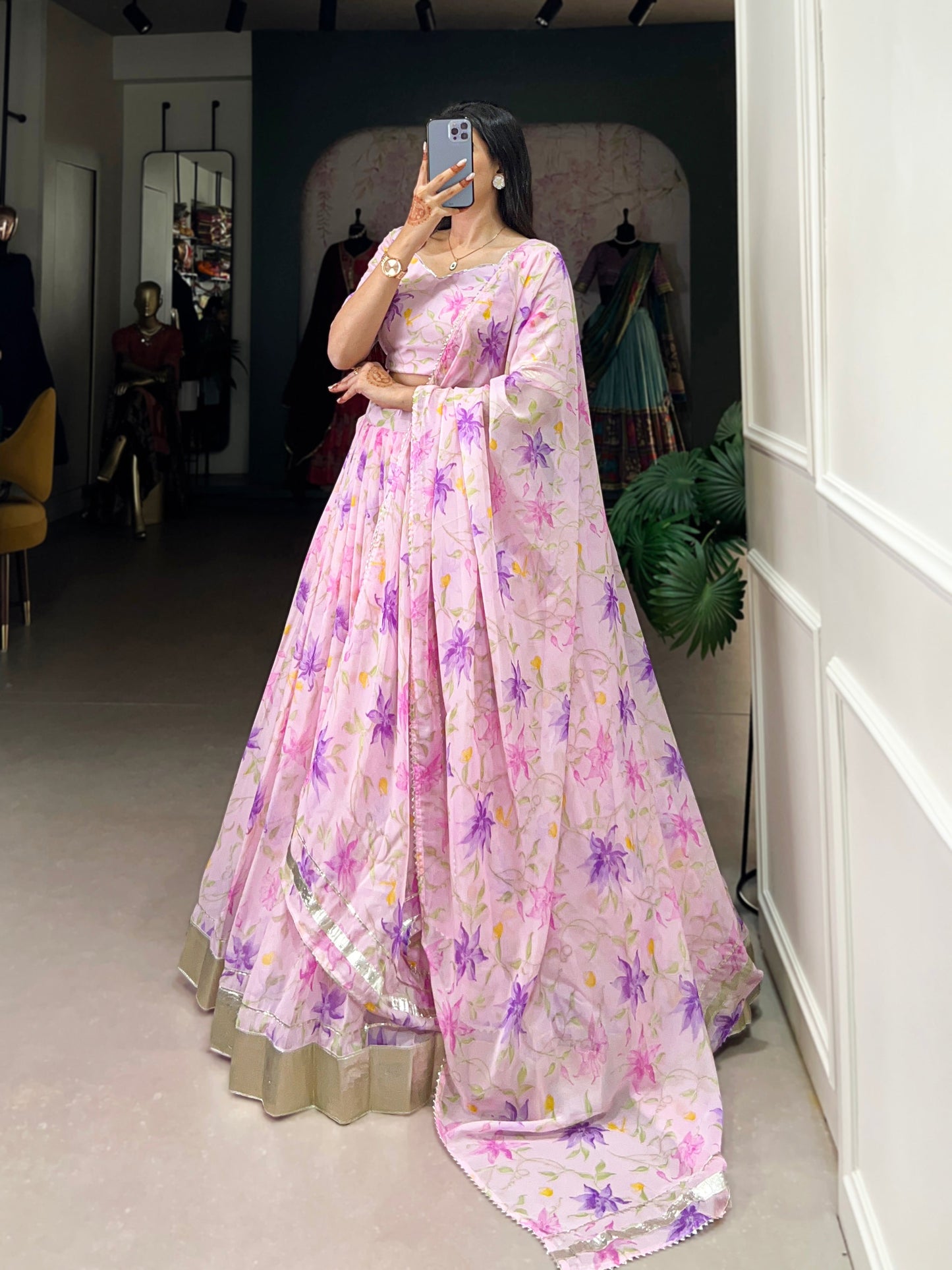 New Tabby Silk Floral Print Lehenga Choli (Pink)