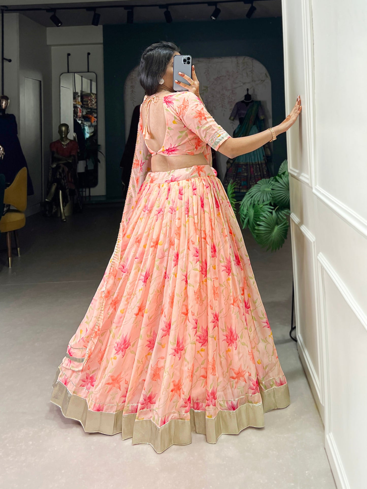New Tabby Silk Floral Print Lehenga Choli (Peach)