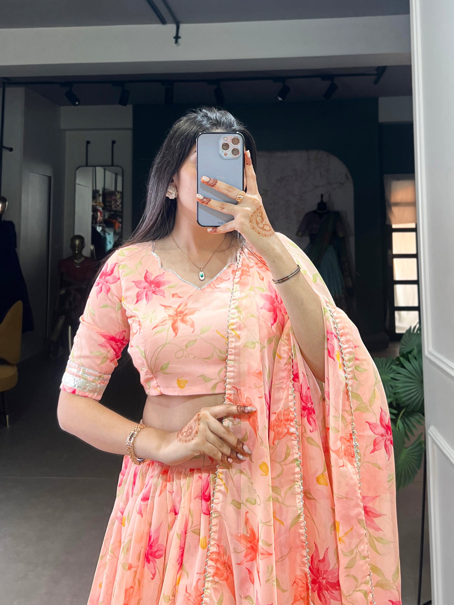 New Tabby Silk Floral Print Lehenga Choli (Peach)