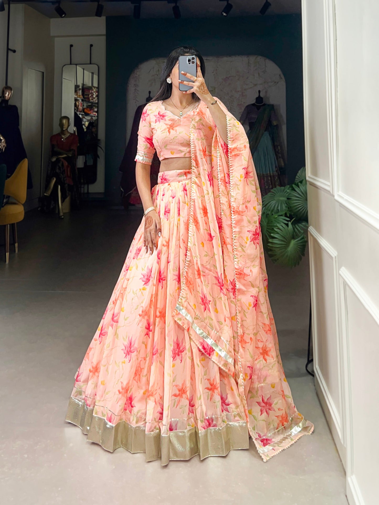 New Tabby Silk Floral Print Lehenga Choli (Peach)