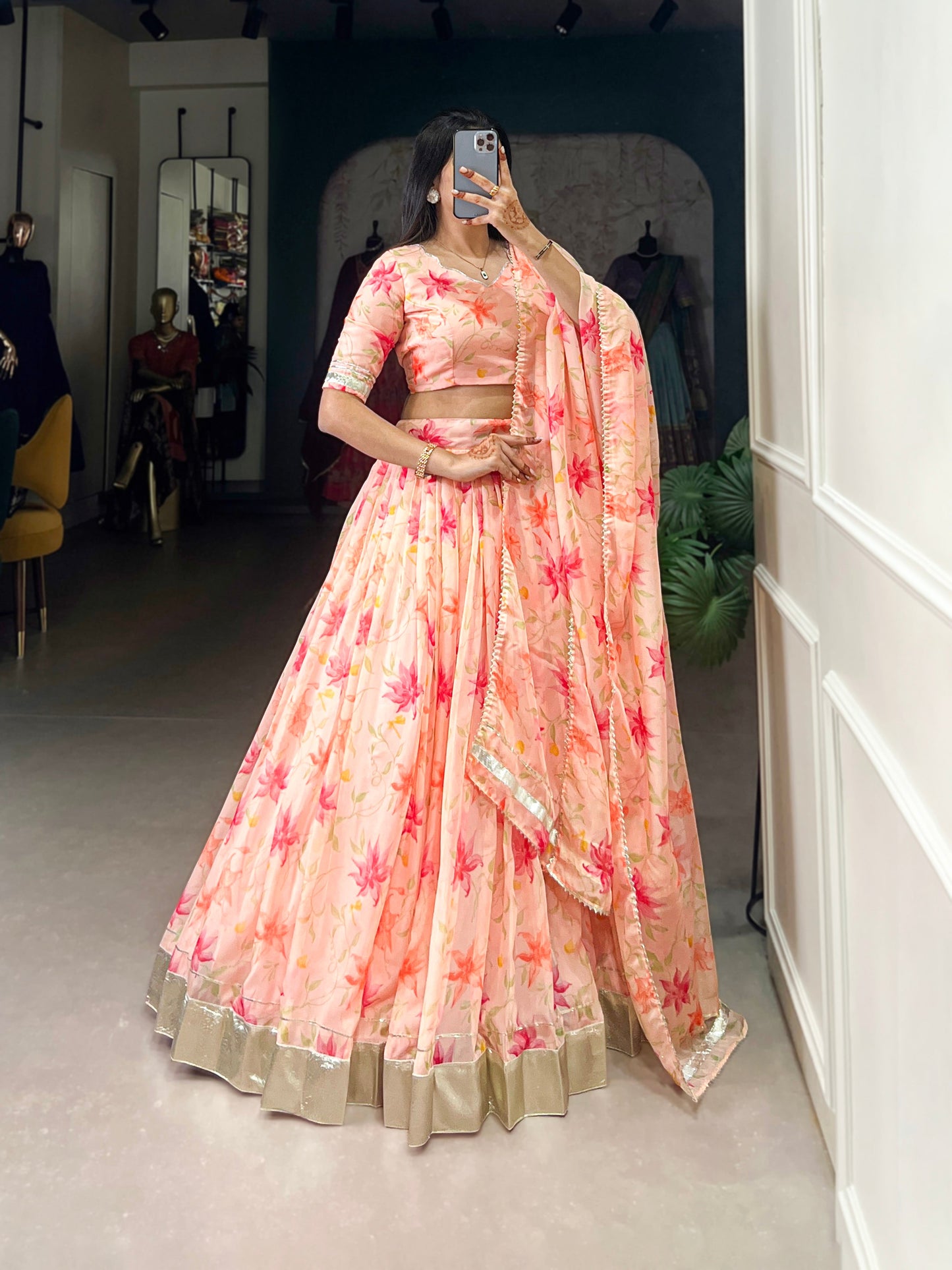 New Tabby Silk Floral Print Lehenga Choli (Peach)