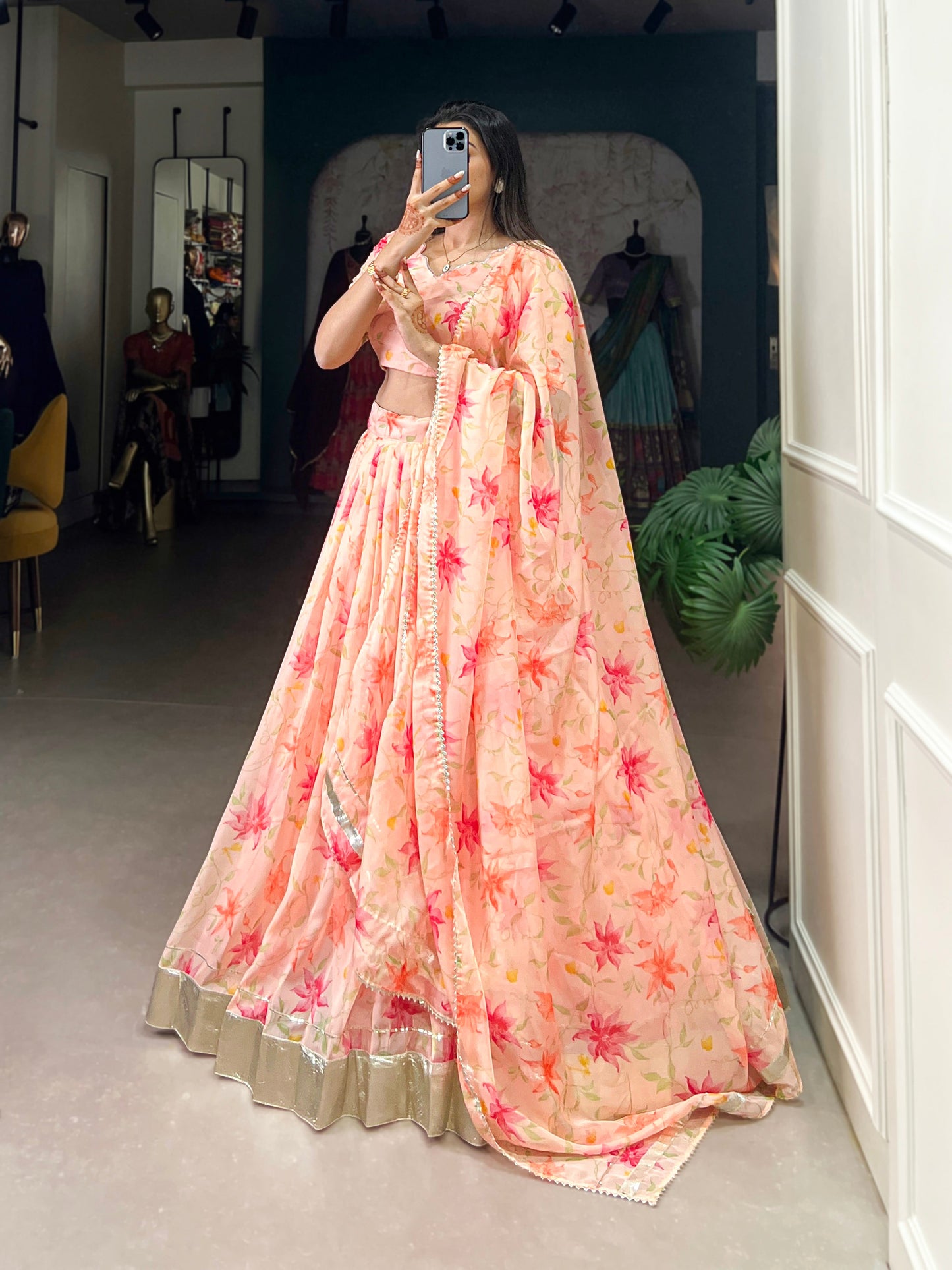 New Tabby Silk Floral Print Lehenga Choli (Peach)