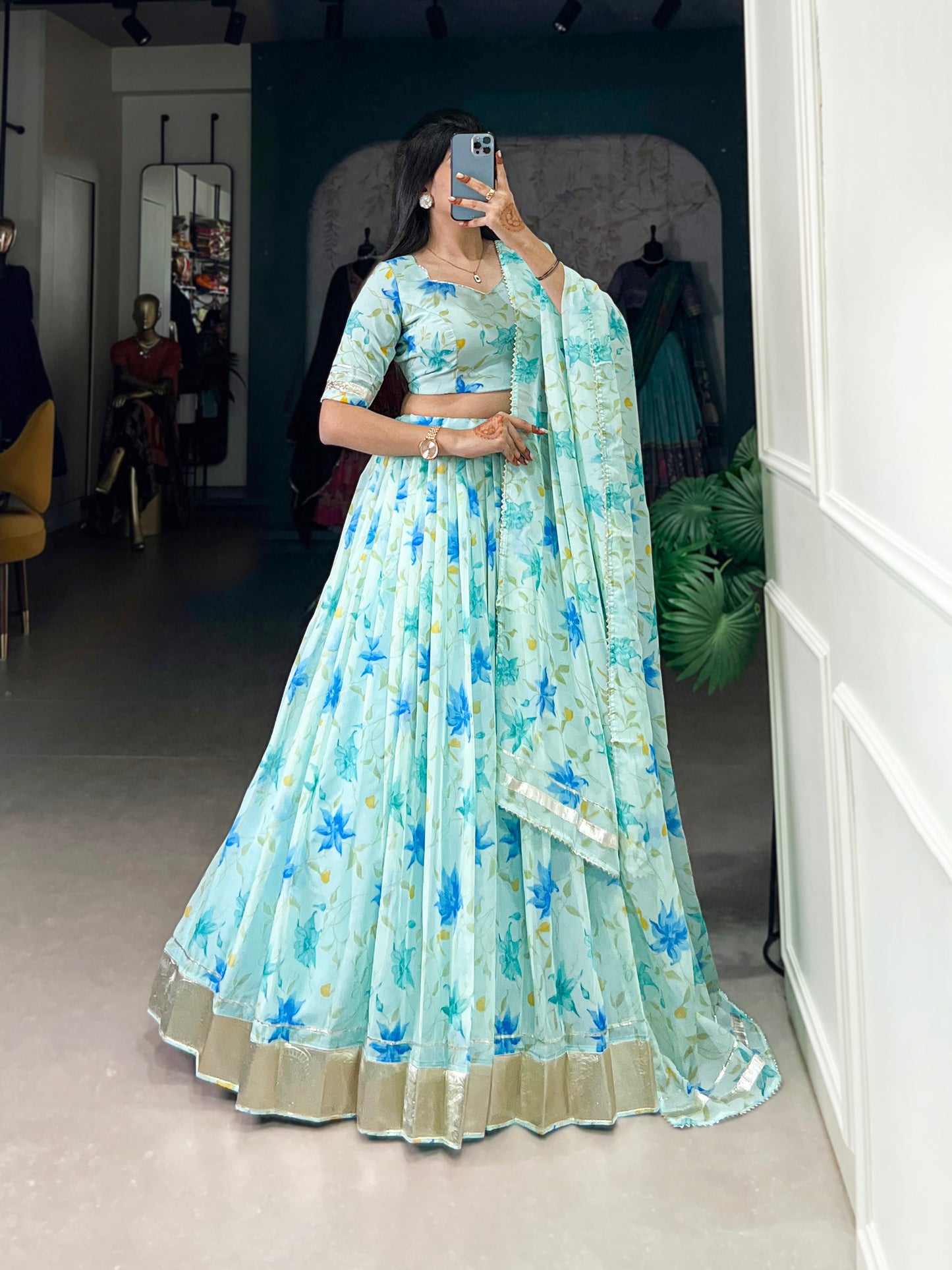 New Tabby Silk Floral Print Lehenga Choli (Skyblue)