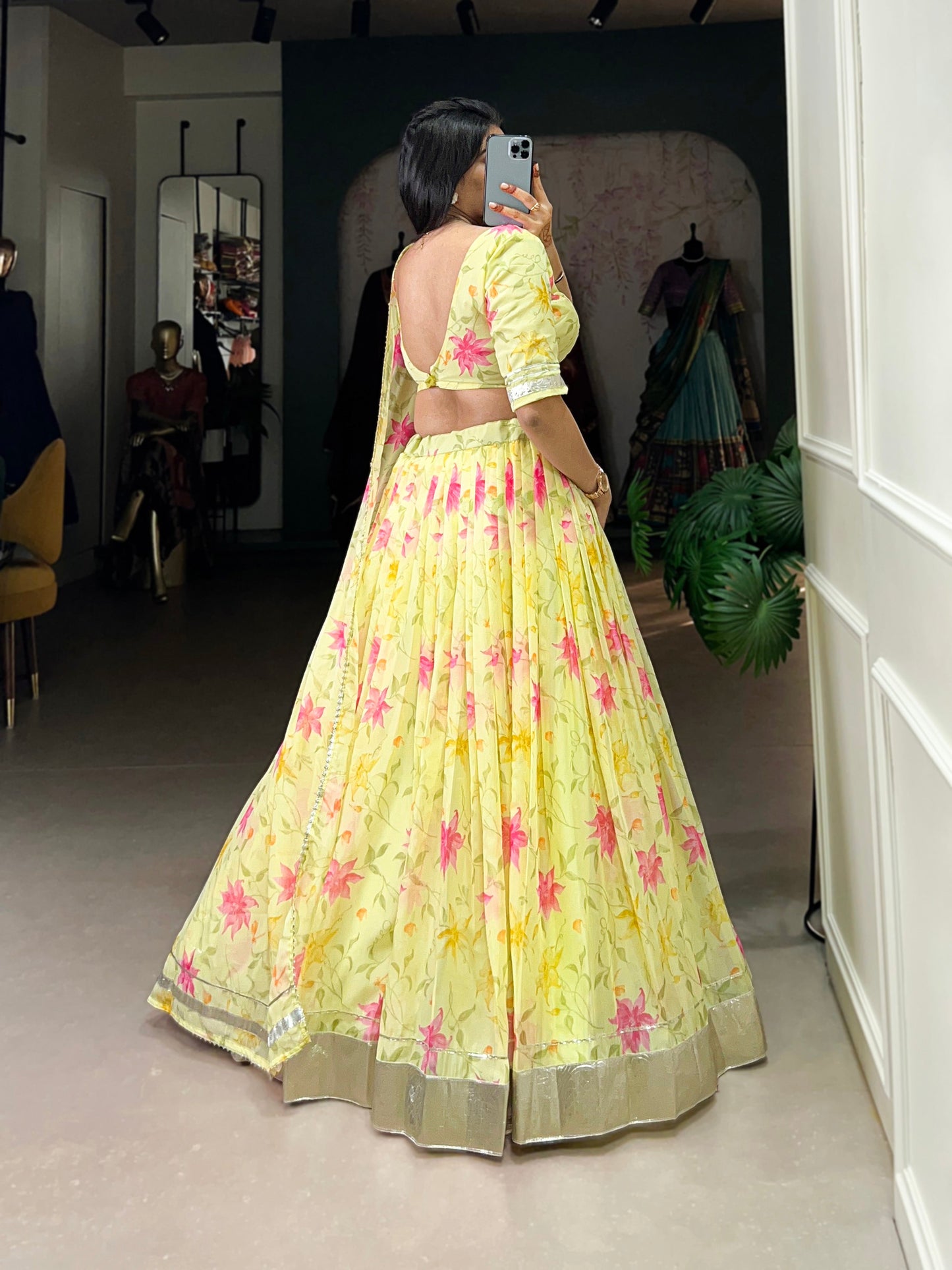 New Tabby Silk Floral Print Lehenga Choli (Yellow)