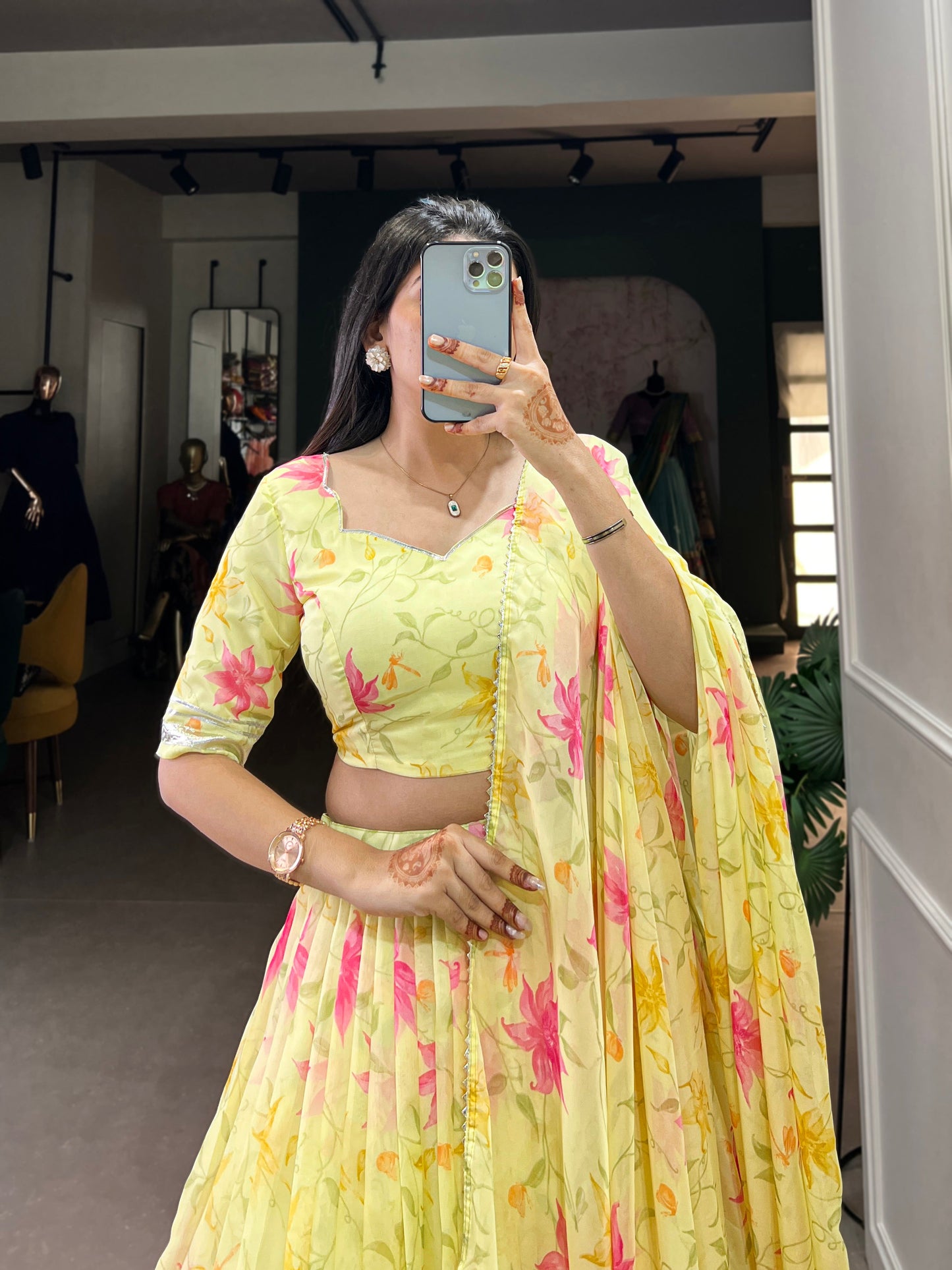 New Tabby Silk Floral Print Lehenga Choli (Yellow)