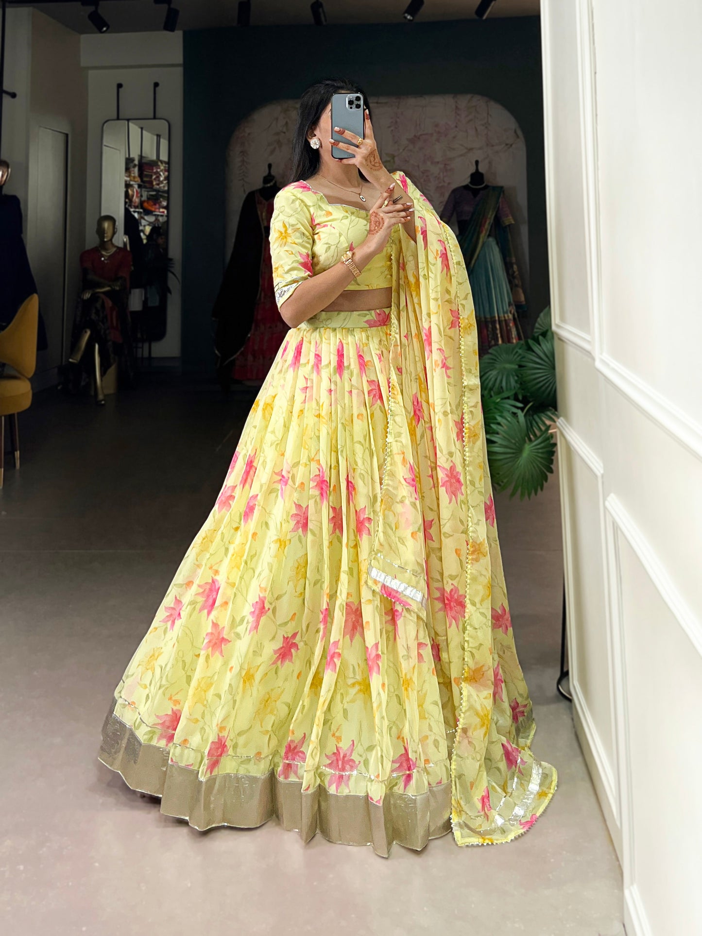 New Tabby Silk Floral Print Lehenga Choli (Yellow)