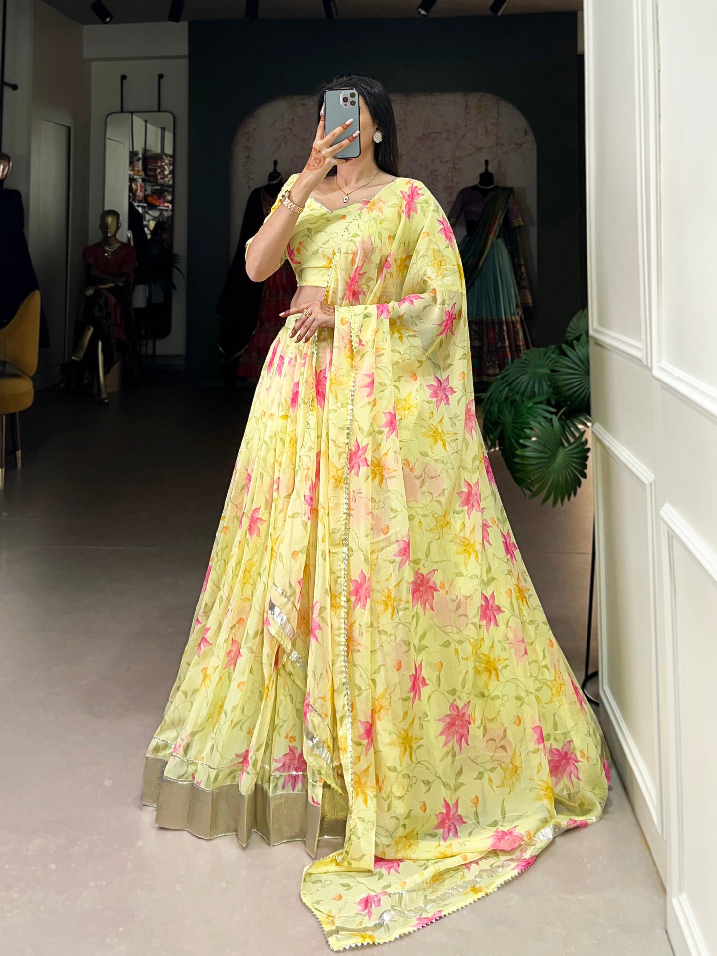 New Tabby Silk Floral Print Lehenga Choli (Yellow)
