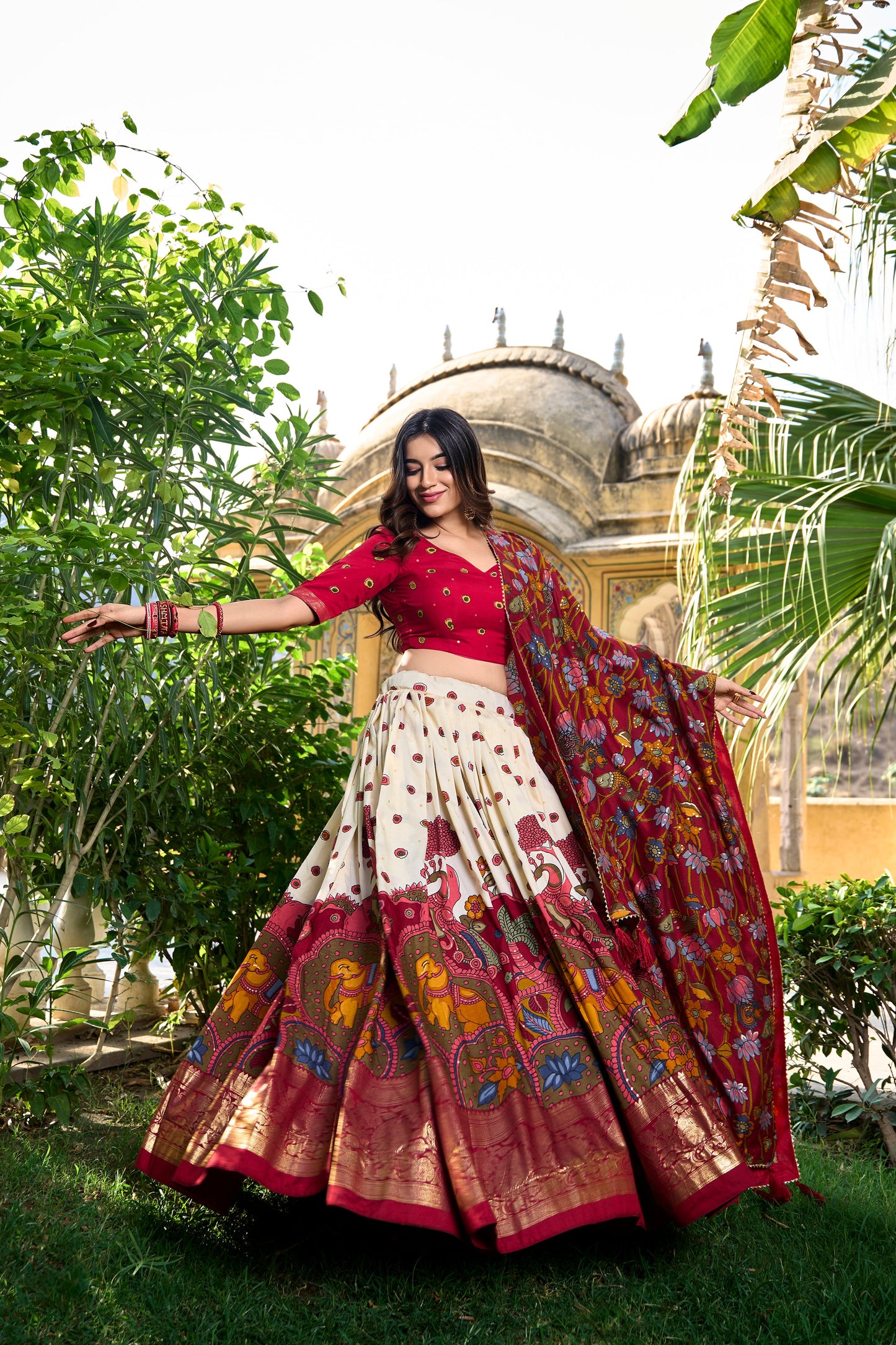 Traditional Kalamkari Print White Color Lehenga Choli