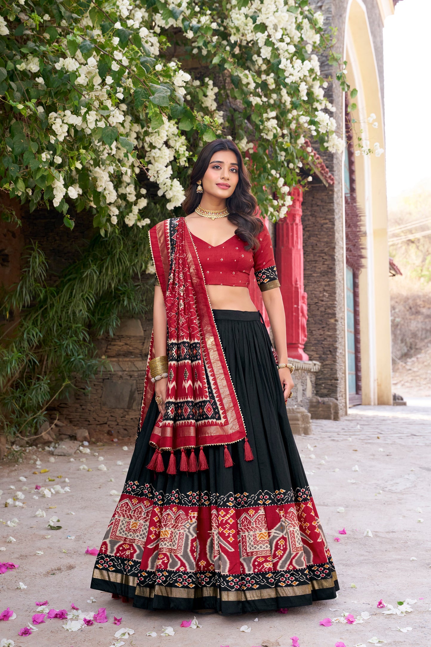 New Black Color Tussar Silk Patola Printed Lehenga Choli