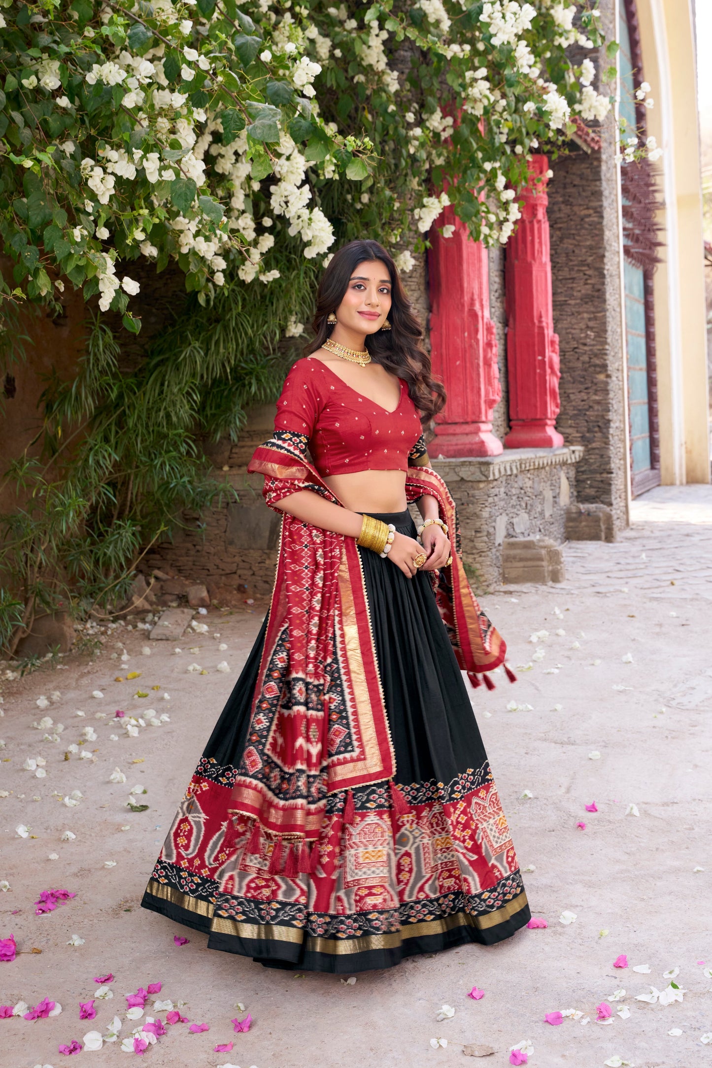New Black Color Tussar Silk Patola Printed Lehenga Choli