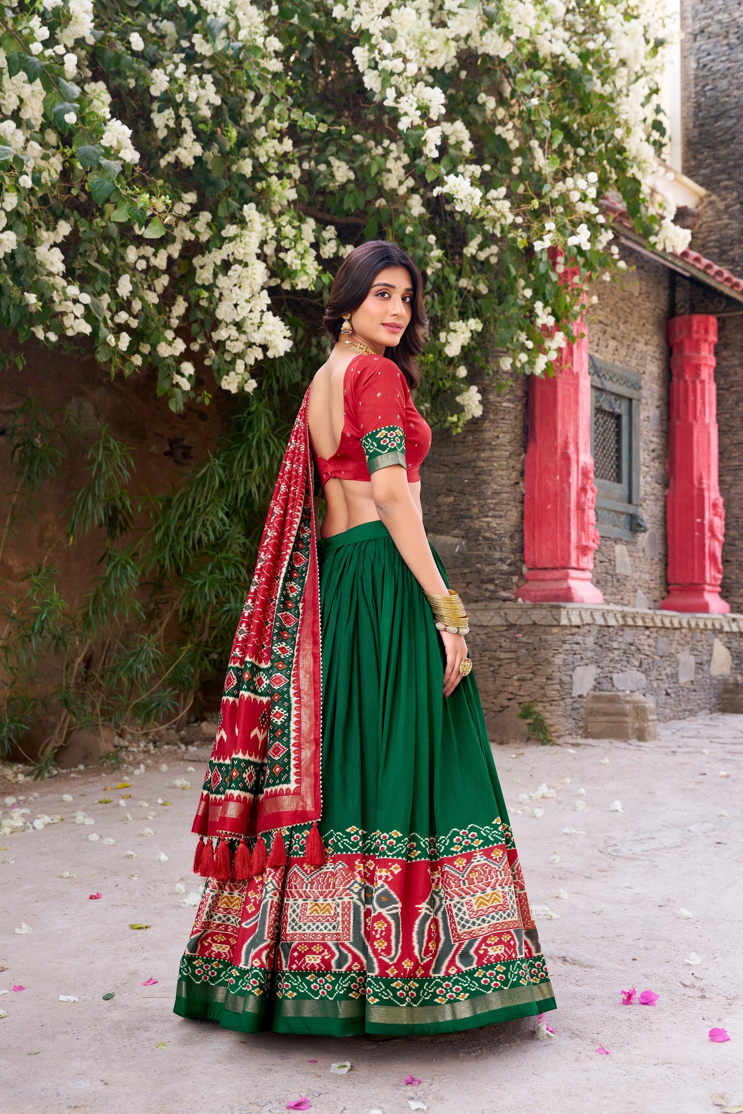 New Green Color Tussar Silk Patola Printed Lehenga Choli