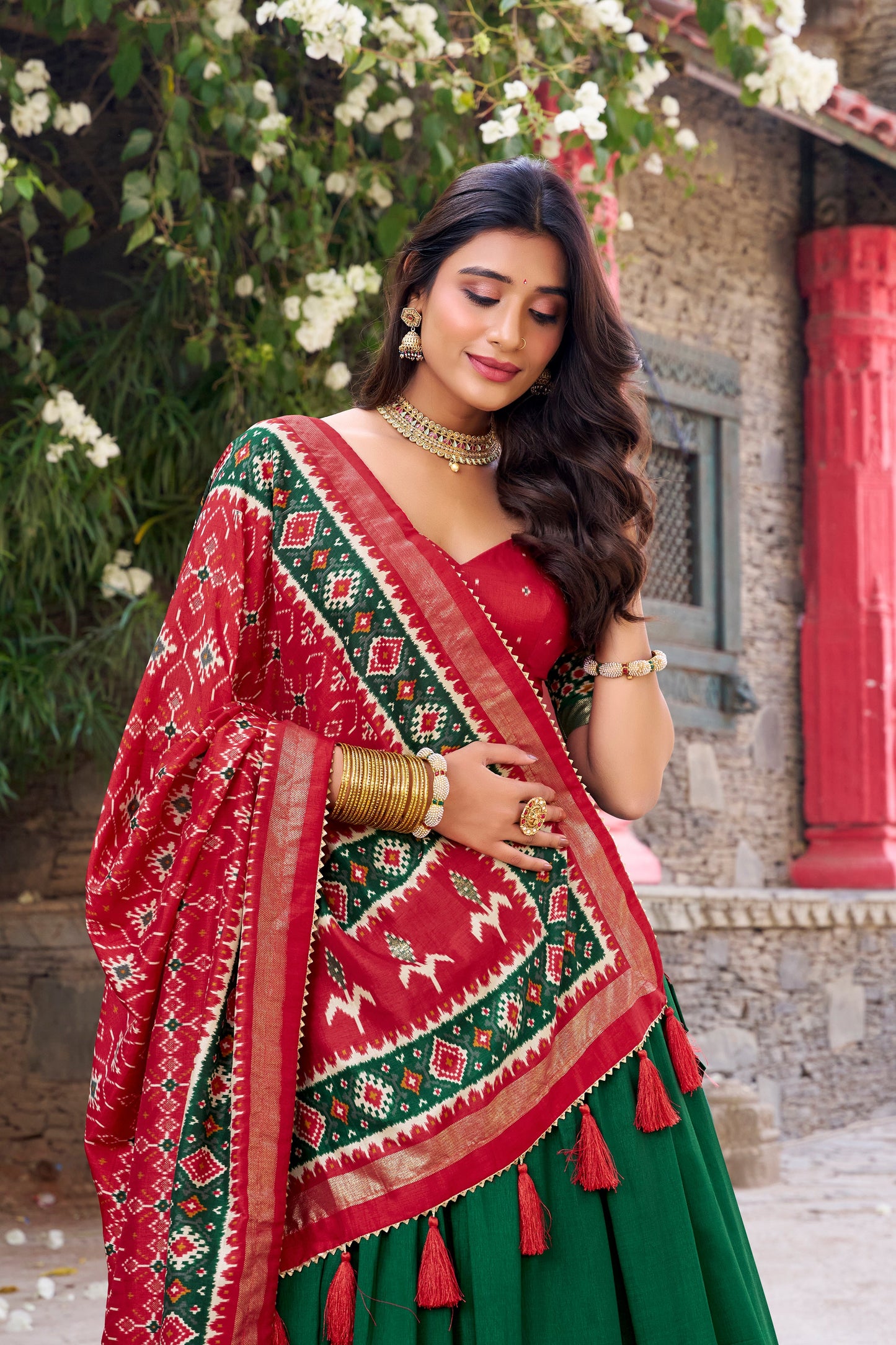 New Green Color Tussar Silk Patola Printed Lehenga Choli
