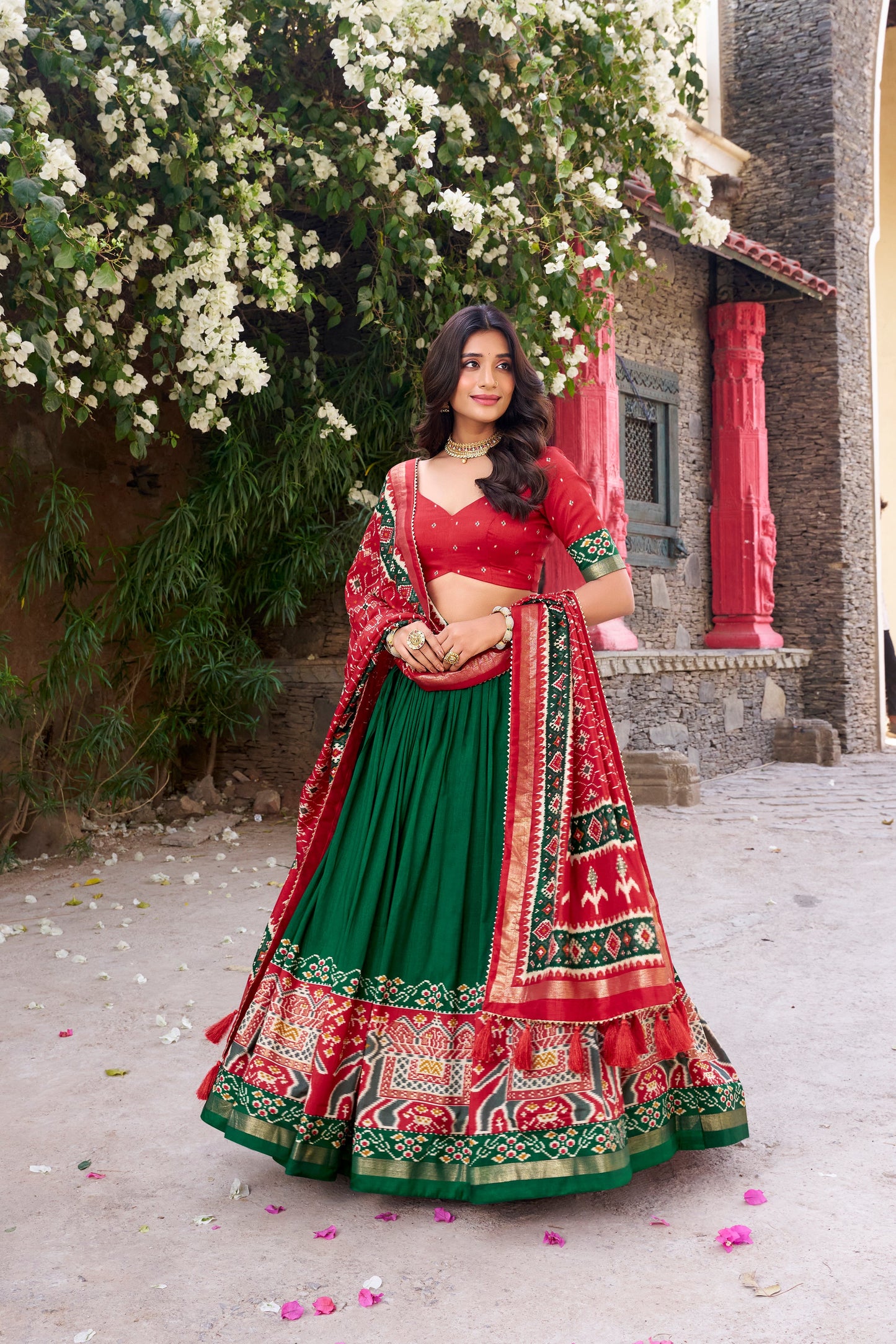 New Green Color Tussar Silk Patola Printed Lehenga Choli