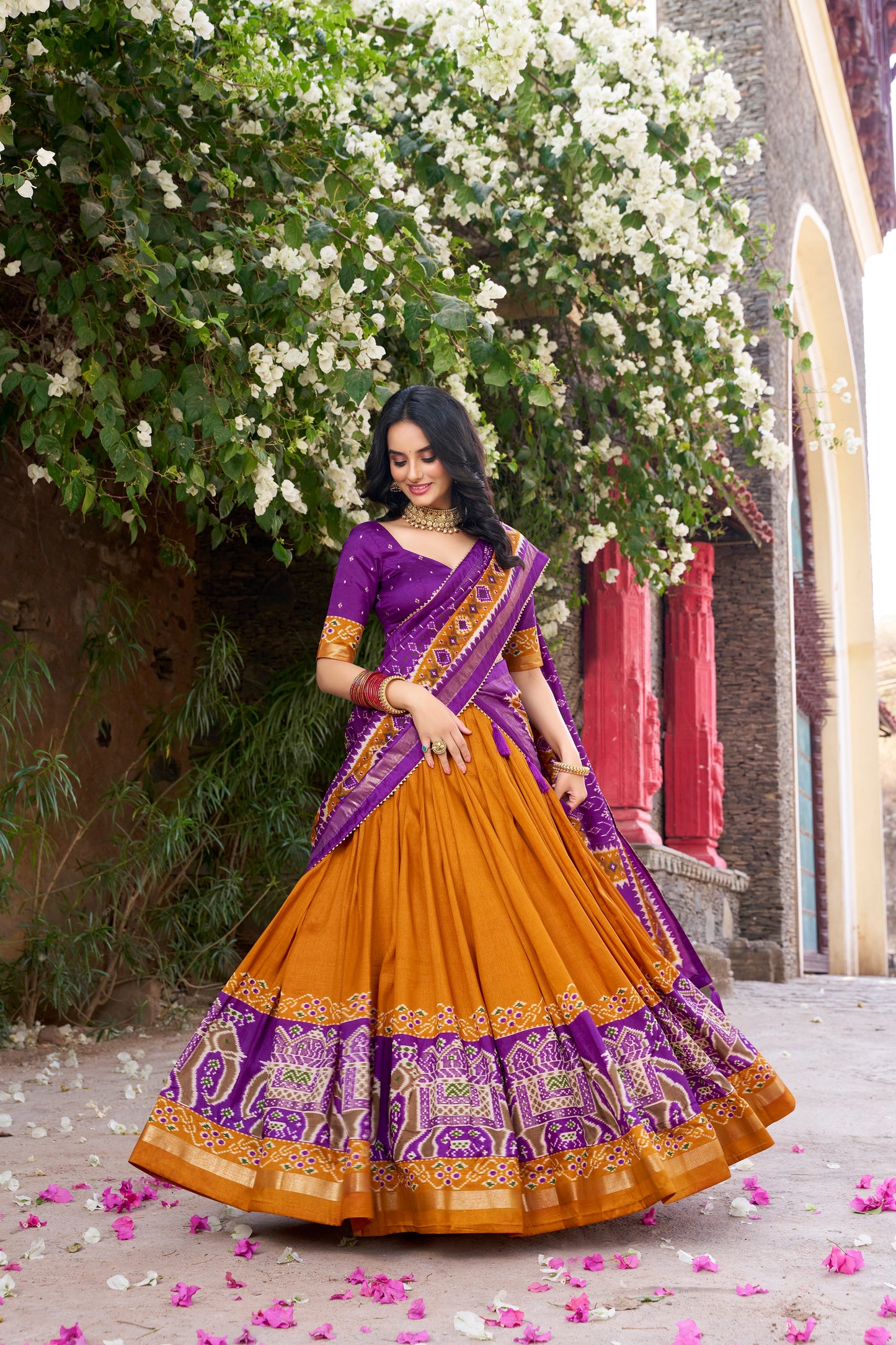 New Musterd Color Tussar Silk Patola Printed Lehenga Choli