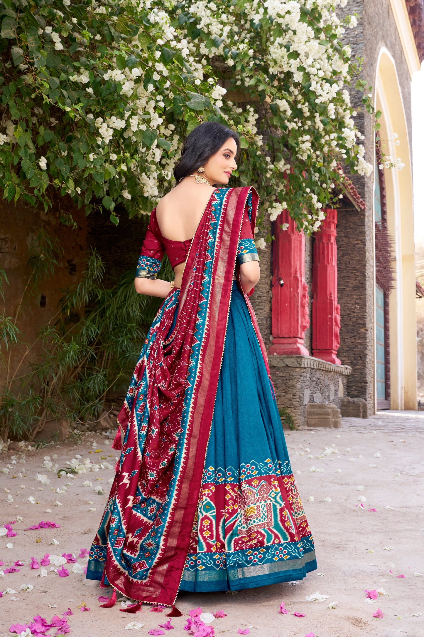 New Teal Color Tussar Silk Patola Printed Lehenga Choli