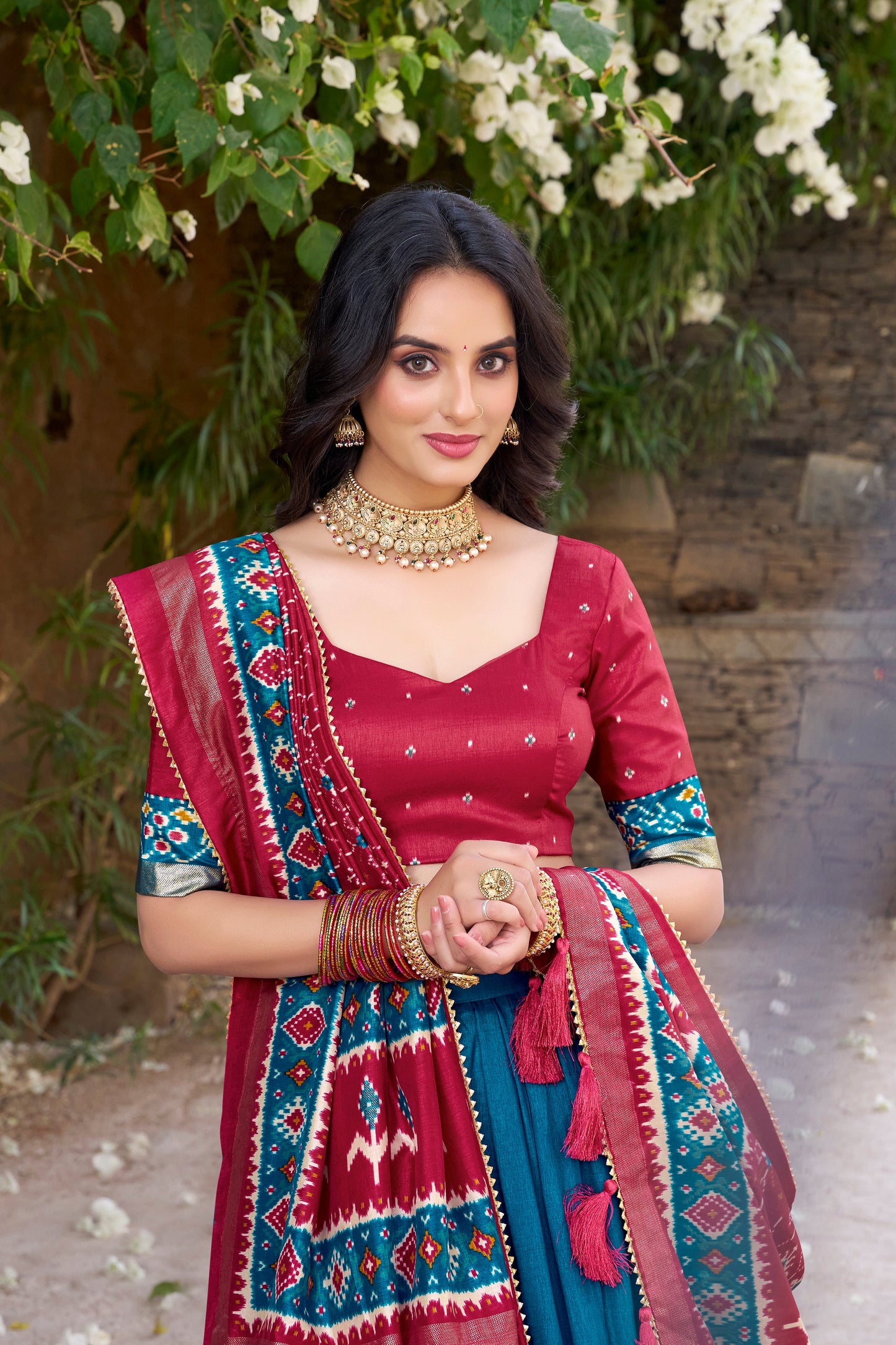 New Teal Color Tussar Silk Patola Printed Lehenga Choli