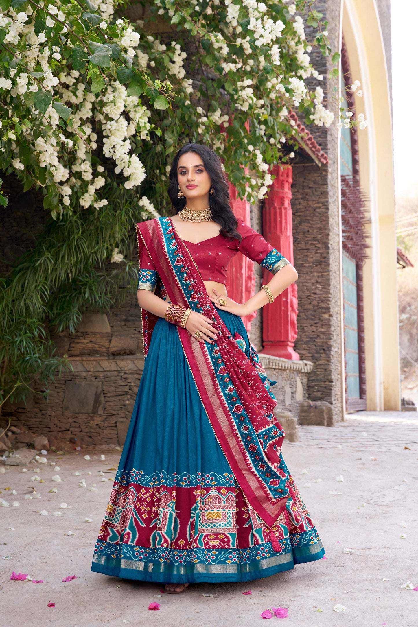 New Teal Color Tussar Silk Patola Printed Lehenga Choli