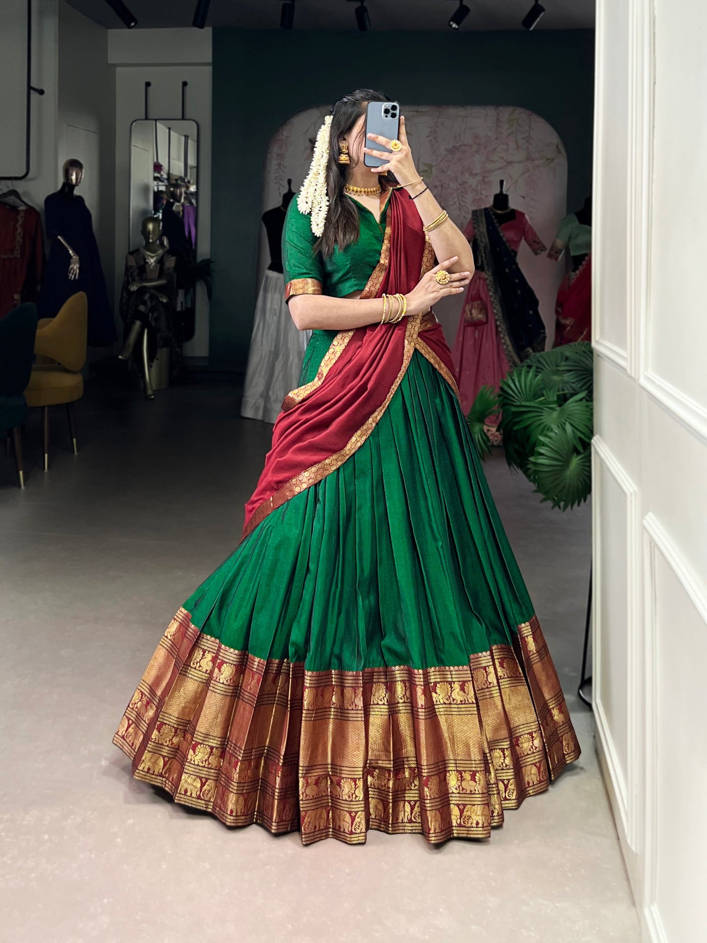 Green Color Zari Weaving Work Traditional Lehenga Choli