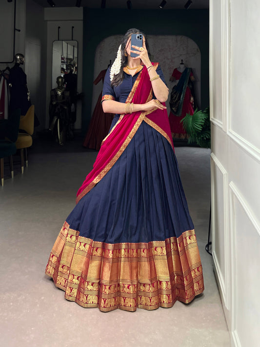 Navy Blue Color Zari Weaving Work Traditional Lehenga Choli