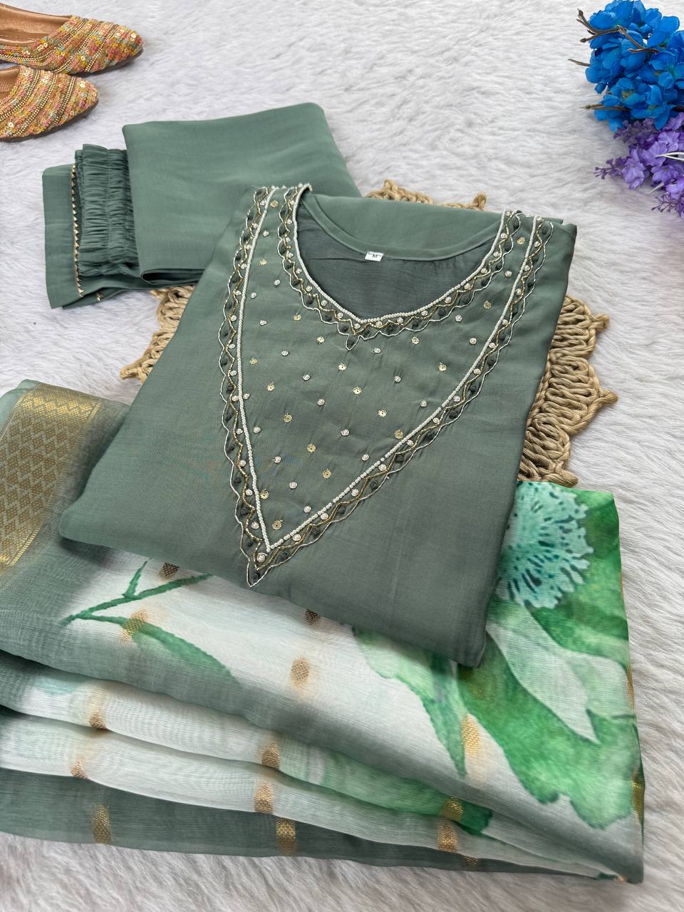 Grey Color Roman Silk Handwork Kurti Pant Set