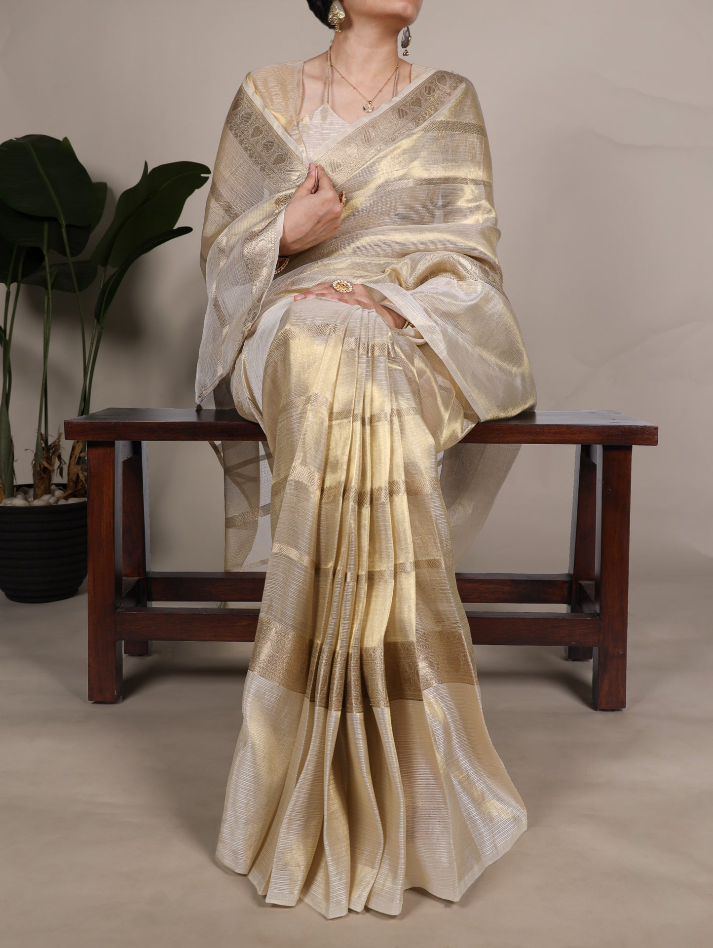 Gold Tissue Zari Weaving Saree with Unstitched Blouse