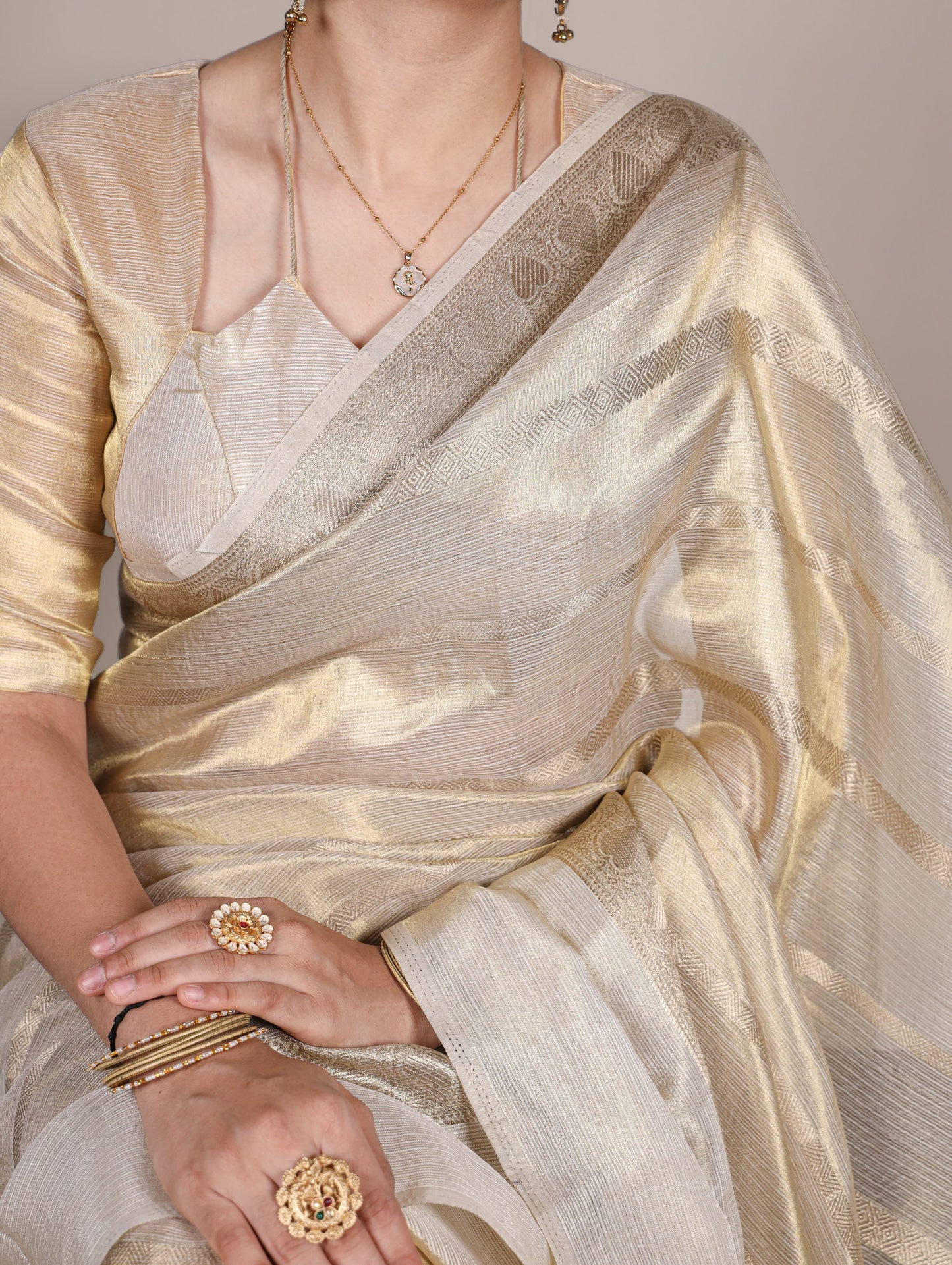 Gold Tissue Zari Weaving Saree with Unstitched Blouse