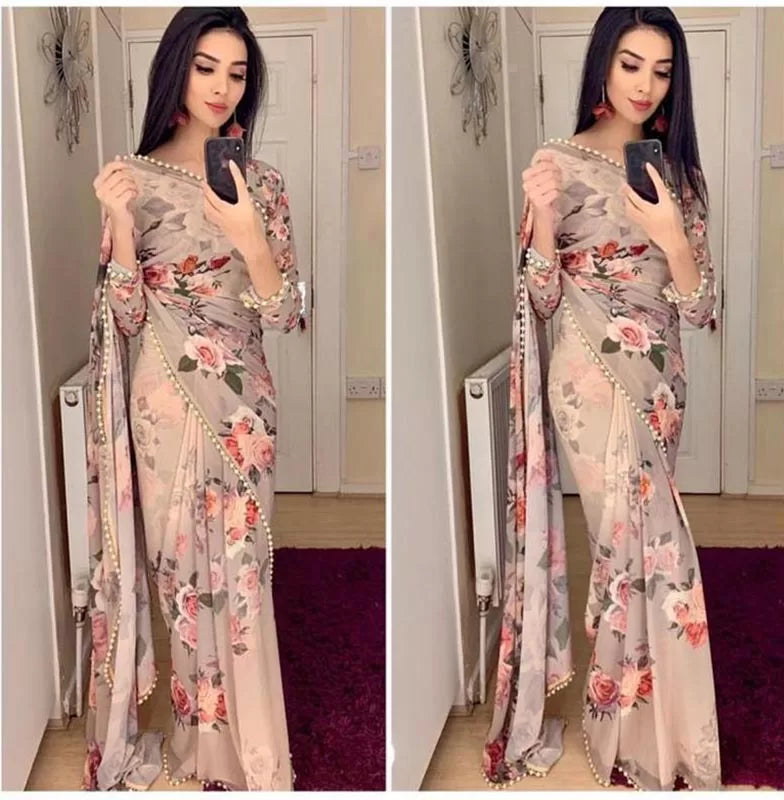 Designer Cream Colour Georgette Printed With Pearl Lace Saree