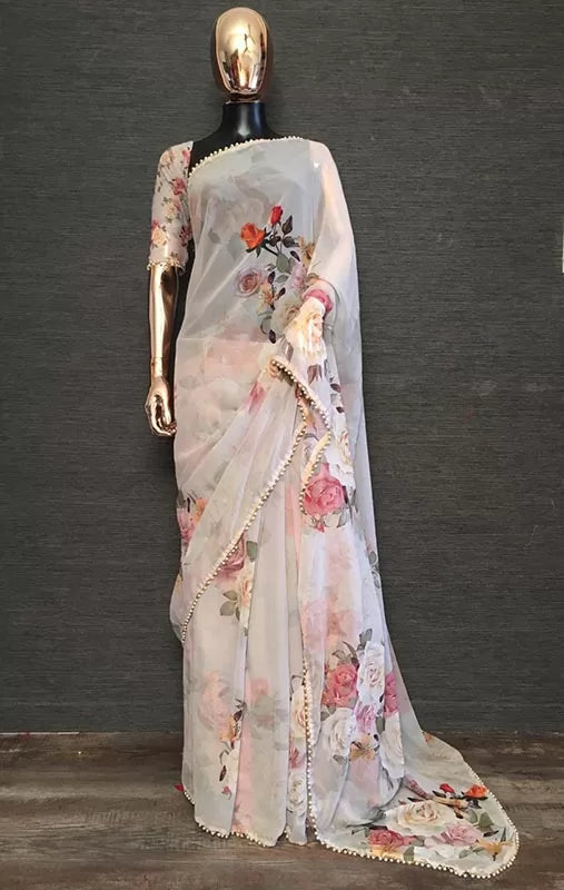 Designer Cream Colour Georgette Printed With Pearl Lace Saree